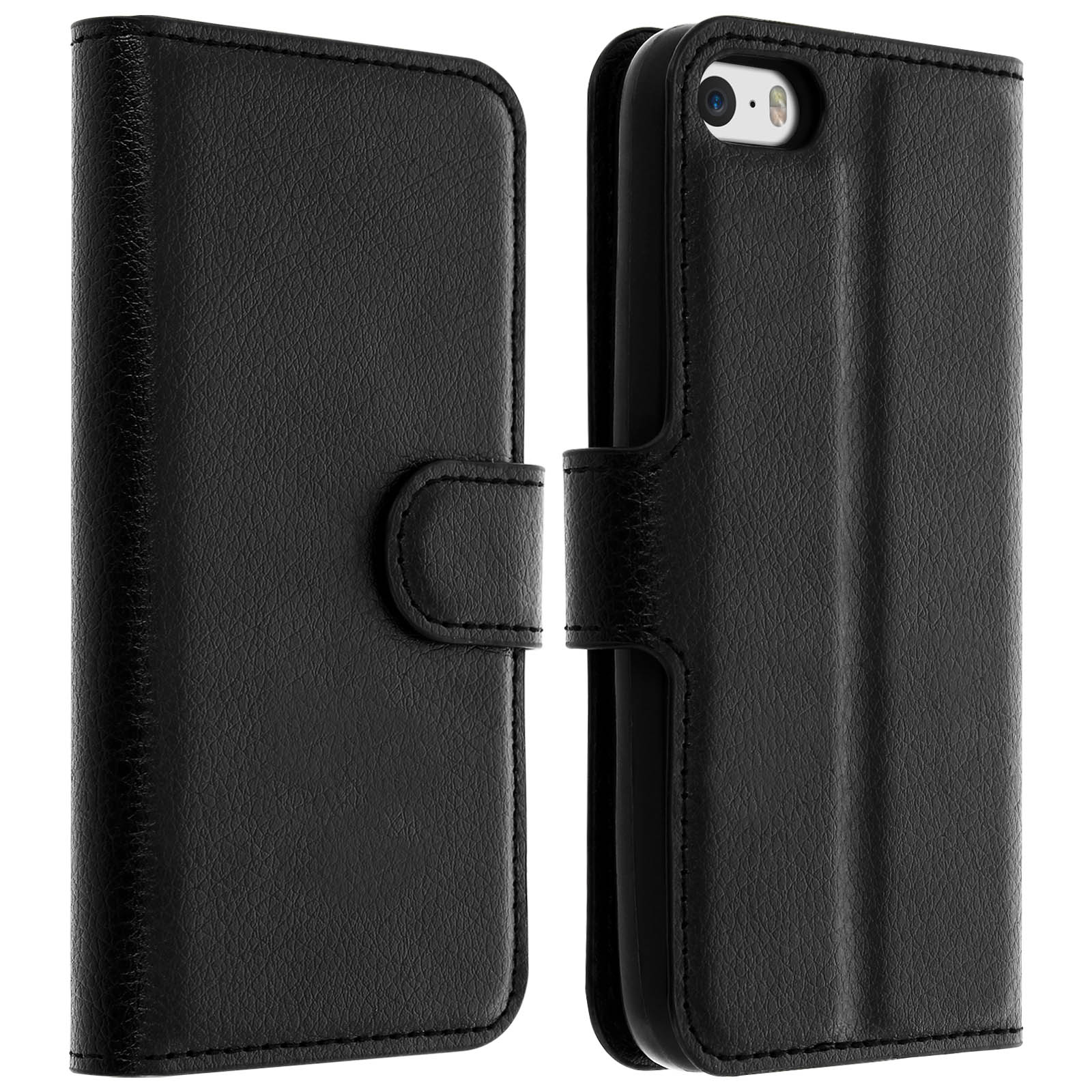 Custodia per telefono in pelle nera, aperta. Presenta una custodia aperta. Ha una chiusura magnetica.