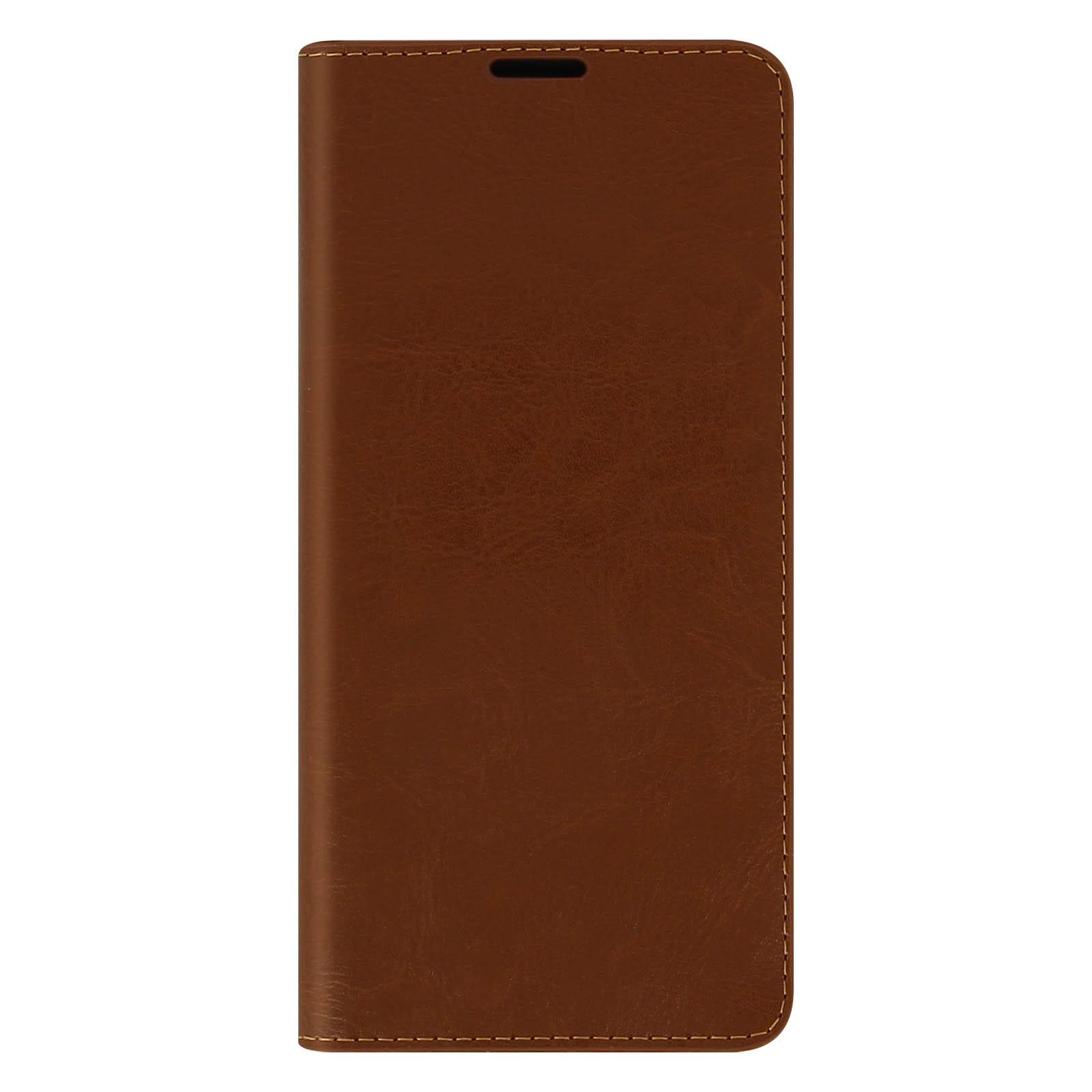 Custodia in pelle marrone, chiusa. Bordi cuciti, design semplice.