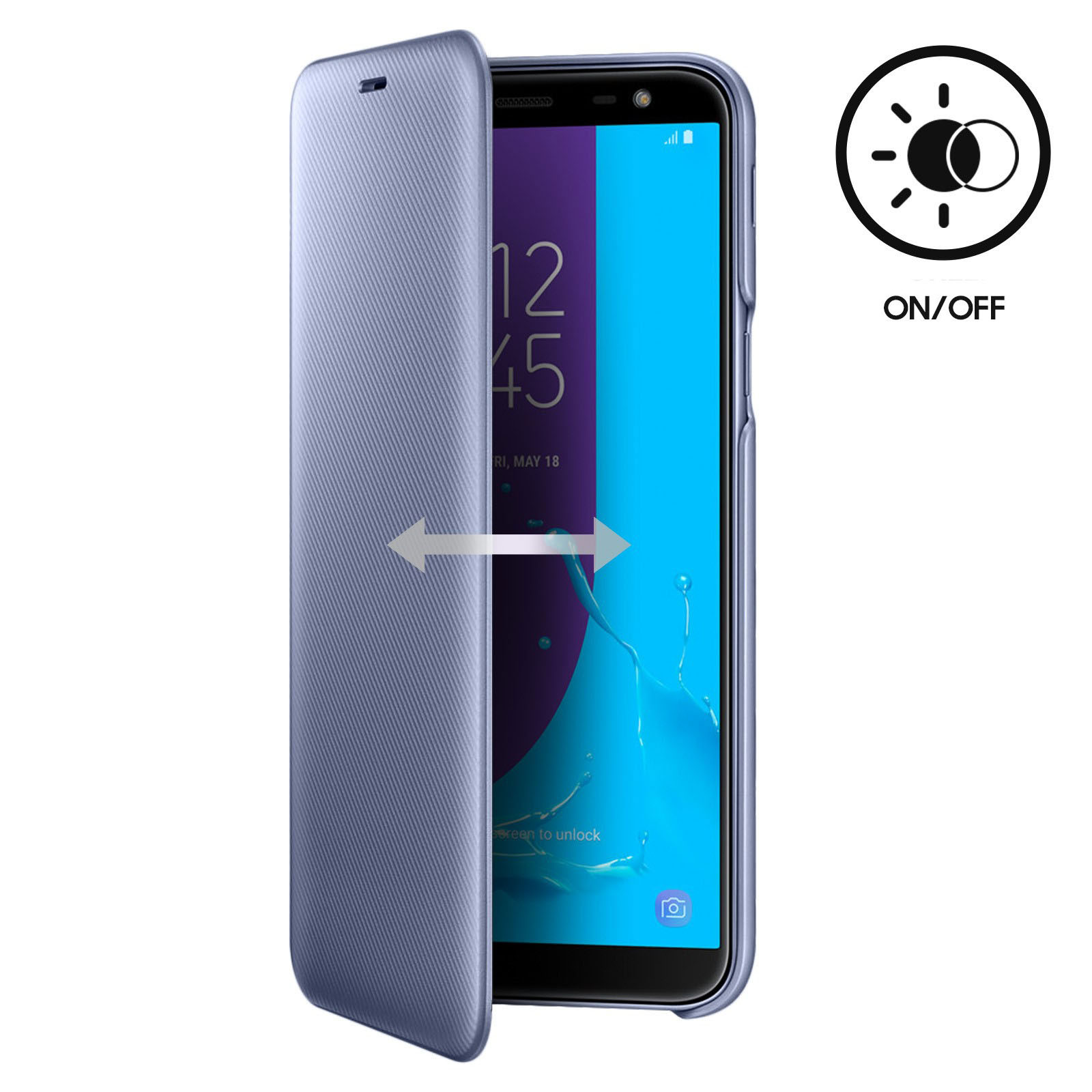 Una funda azul con la pantalla encendida y un símbolo de encendido/apagado.