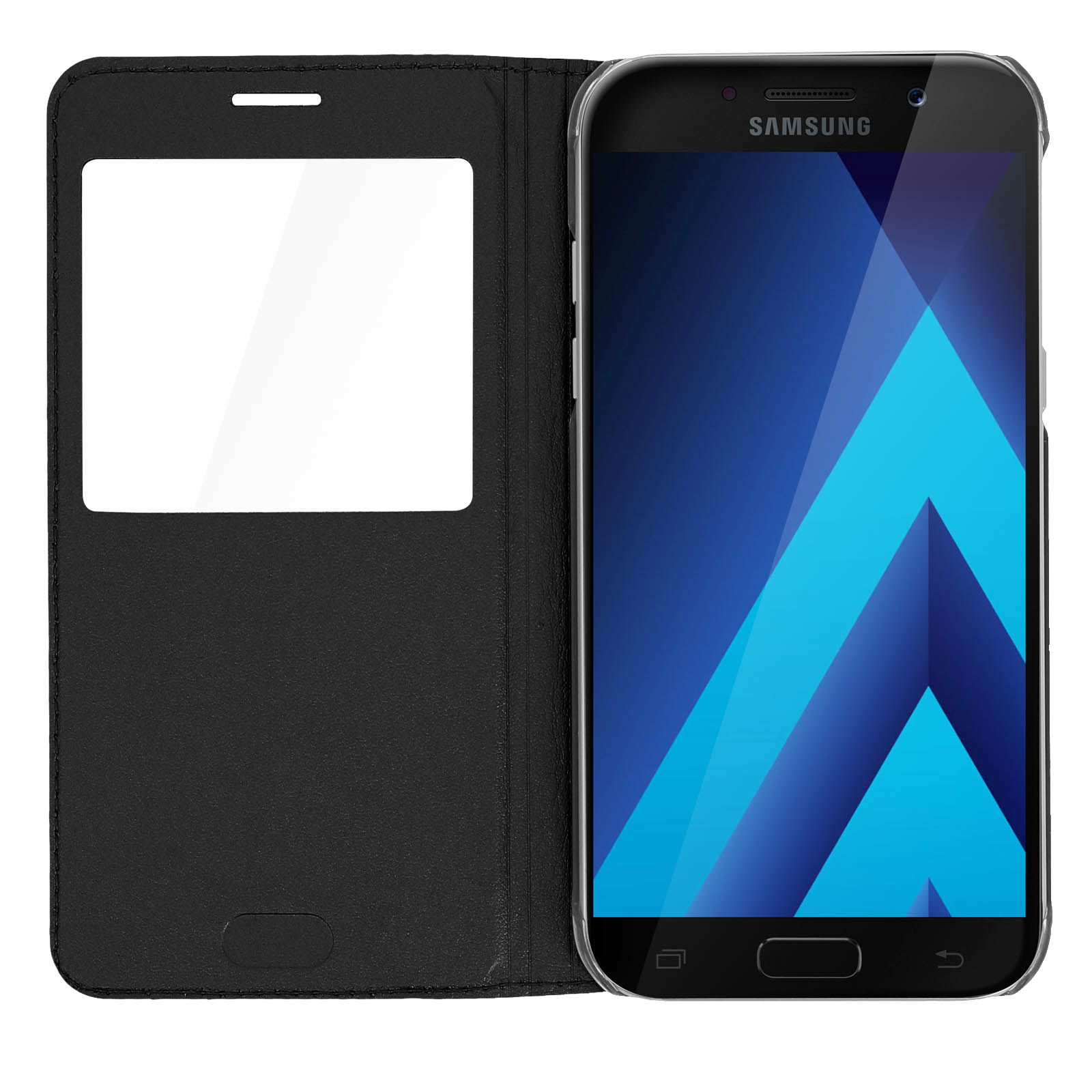 Teléfono Samsung negro en funda negra, con pantalla visible.