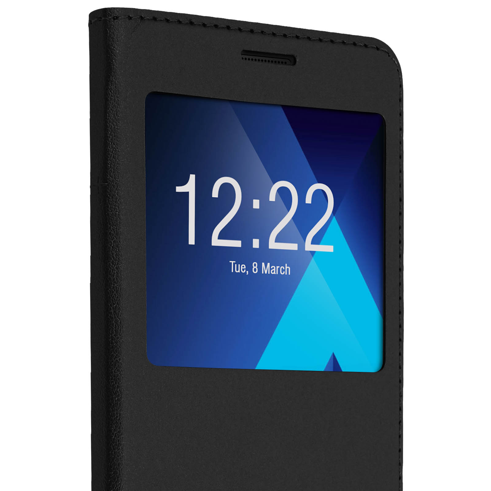 Se muestra una funda negra para teléfono con una pantalla que muestra la hora.