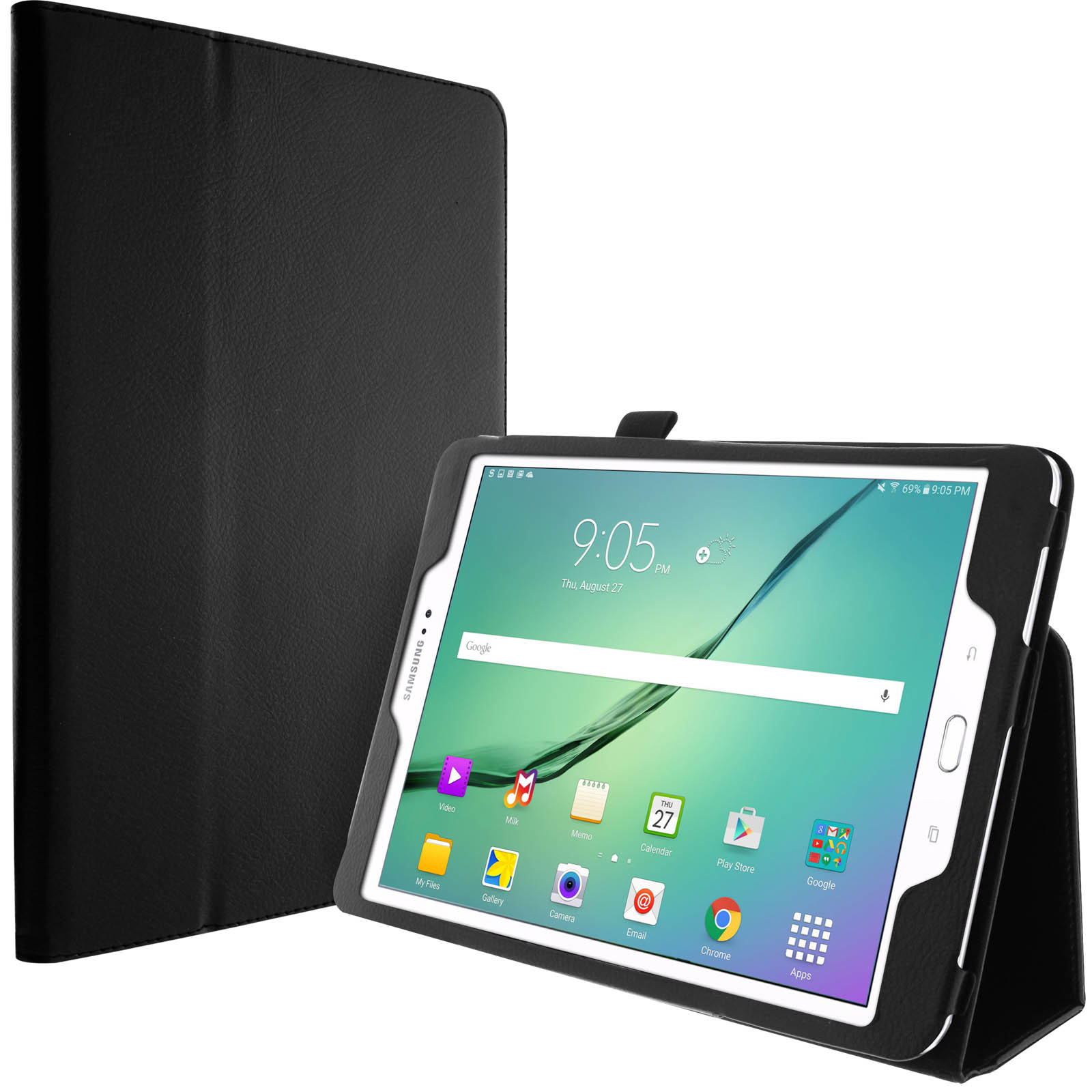 Un tablet nero in una custodia nera con lo schermo che mostra un'app calendario. Sfondo bianco.