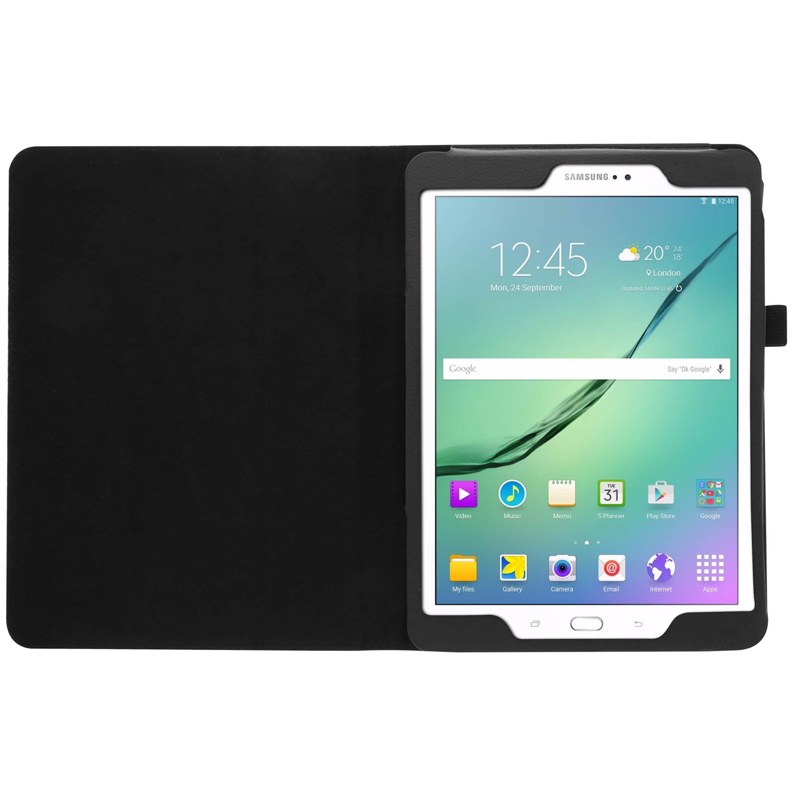 Una custodia nera per tablet, aperta, con un tablet all'interno.