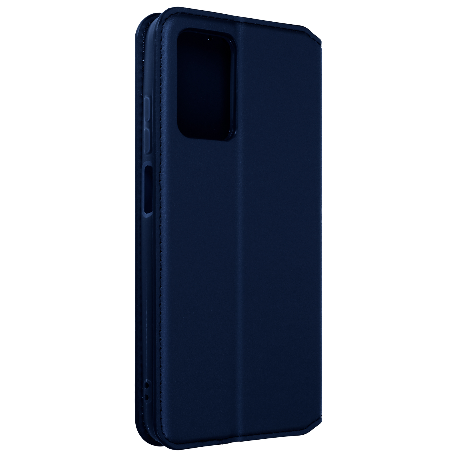 Coque de téléphone en cuir bleu marine, fermée. L'étui est sur une surface blanche.