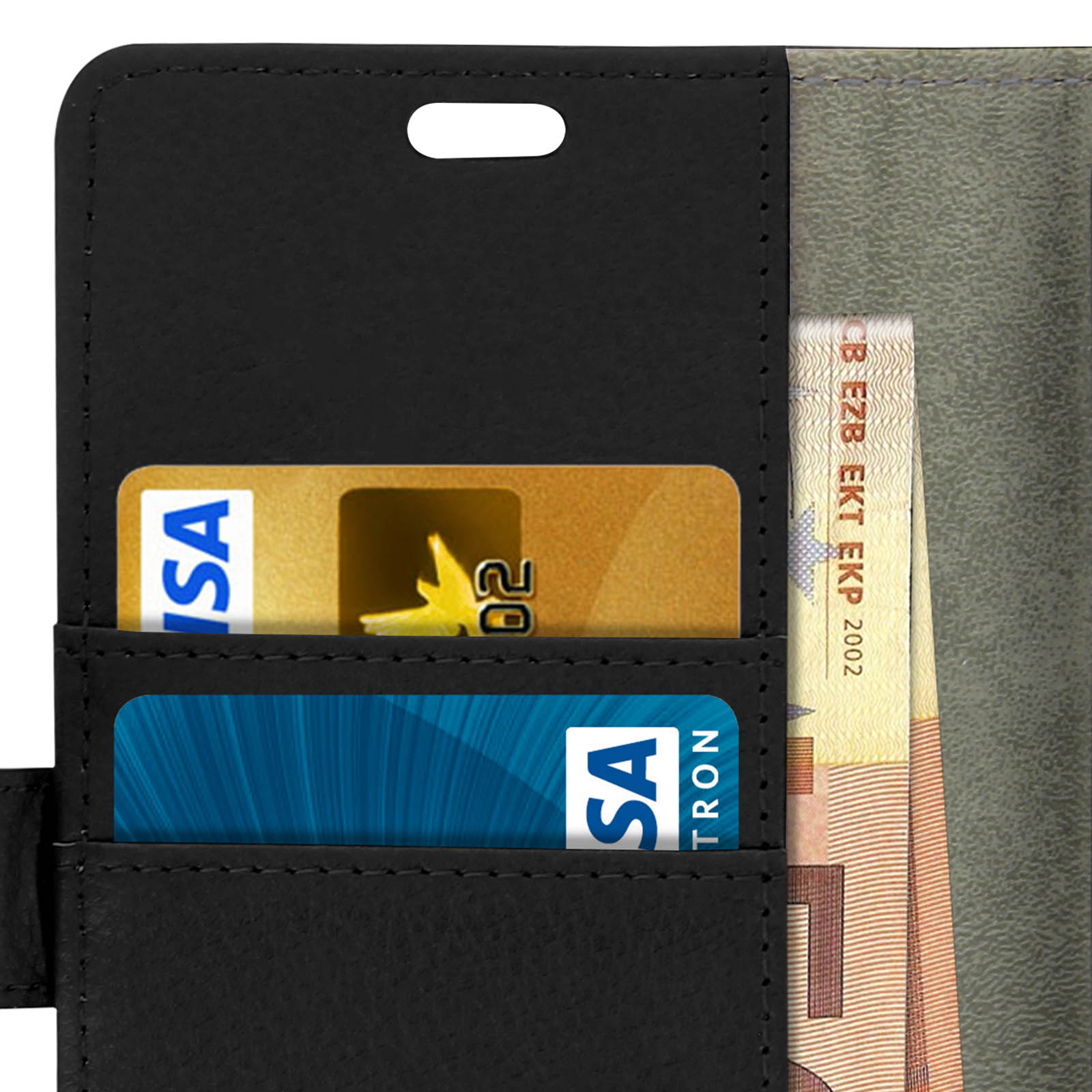 Custodia nera per telefono con carte di credito e contanti.