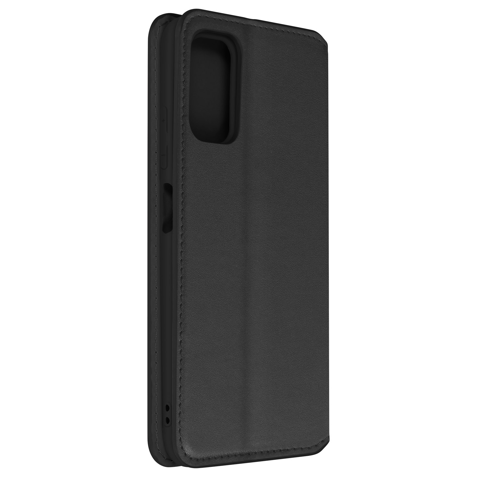 Zwarte telefoonhoes, gesloten. Zijaanzicht, toont de rand en de stiksels.