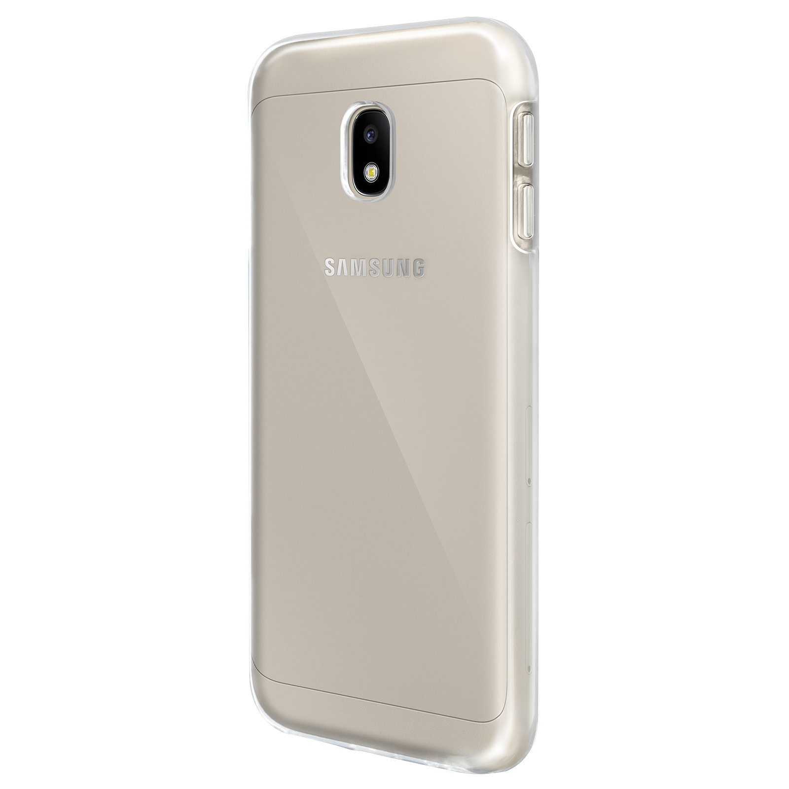 Telefono Samsung in una custodia trasparente. La custodia è di colore beige chiaro. Il telefono ha una fotocamera.