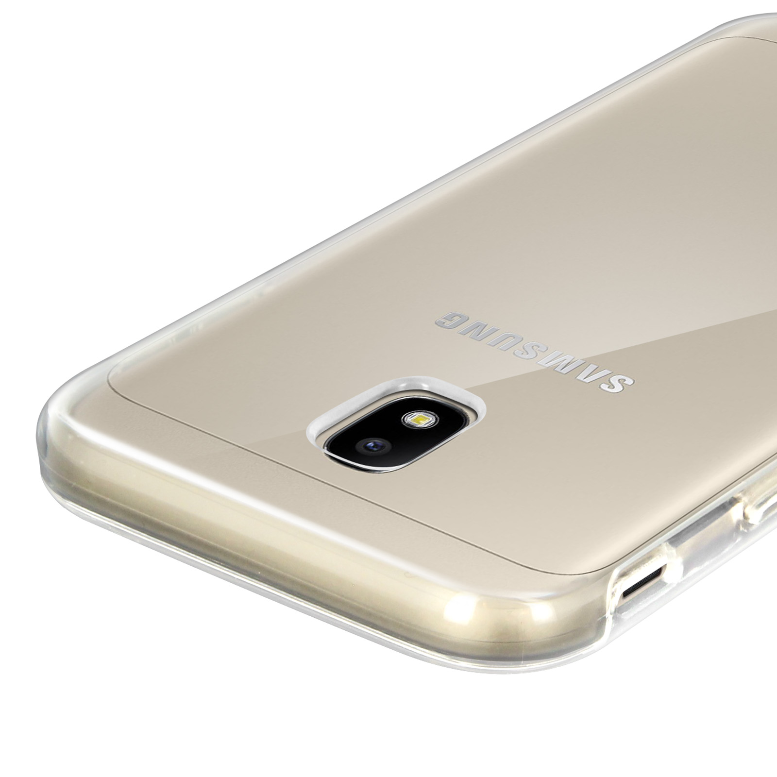 Telefono dorato in una custodia trasparente. Isolato su bianco.