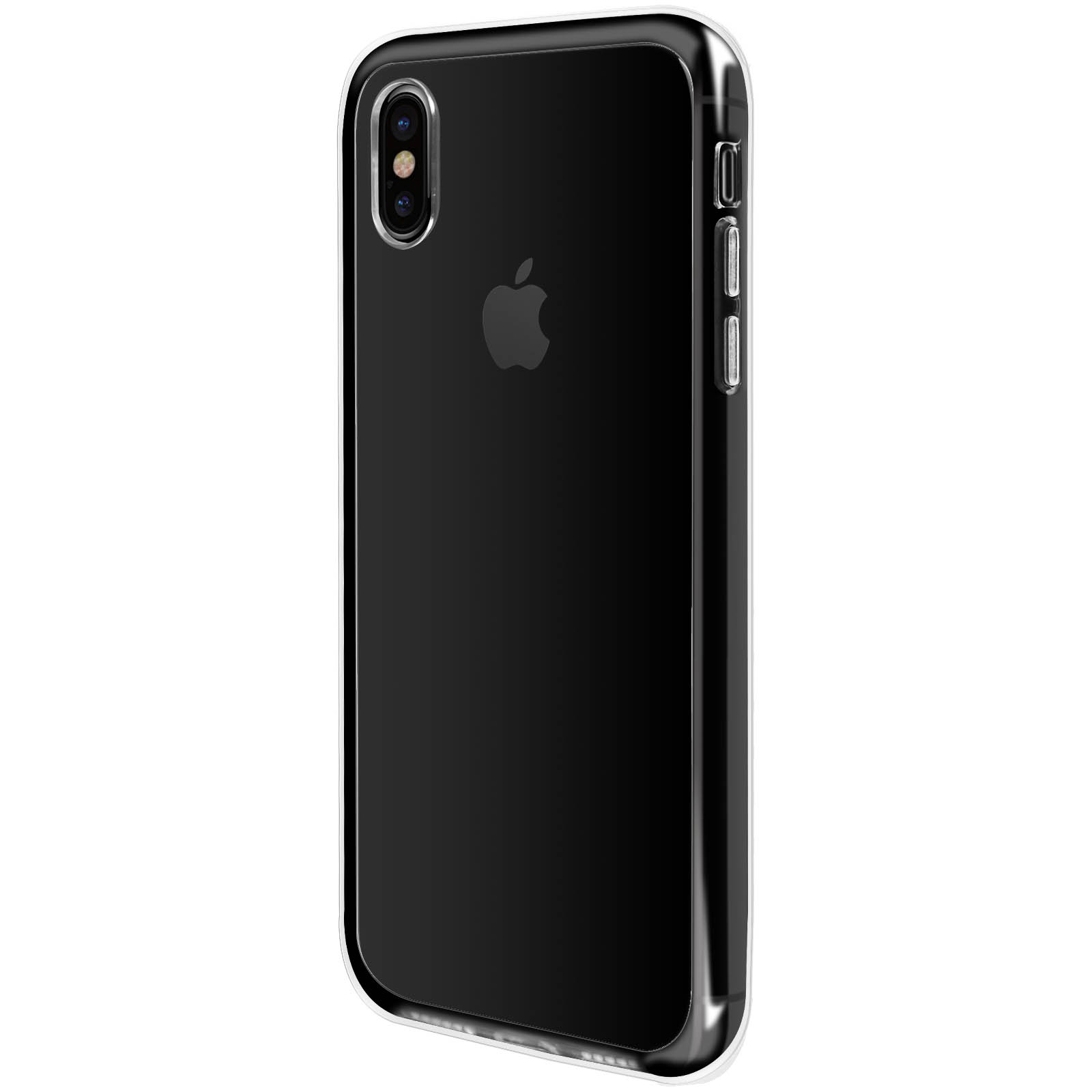 iPhone nero con custodia trasparente. Il telefono ha uno schermo nero e un logo Apple argentato.