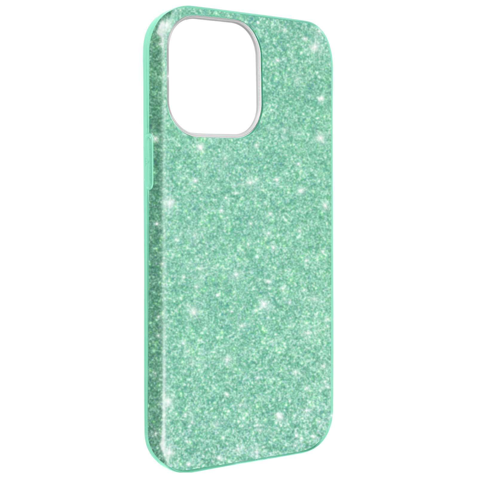 Una custodia per telefono verde glitterata con un ritaglio per la fotocamera.