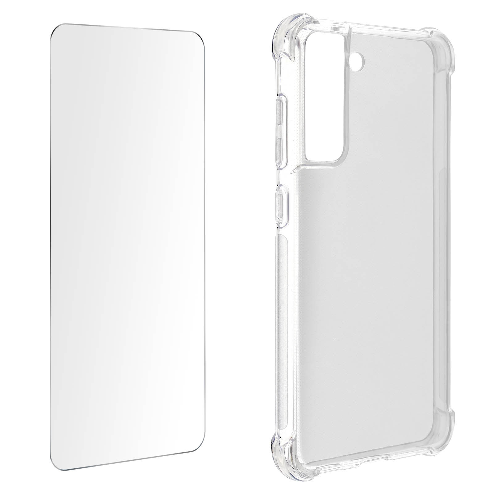 Eine transparente Handyhülle und ein Displayschutz werden gezeigt.