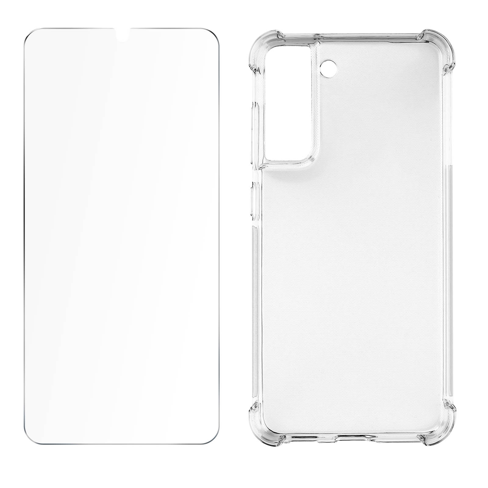 Eine Displayschutzfolie und eine transparente Handyhülle. Weißer Hintergrund. Isoliert.