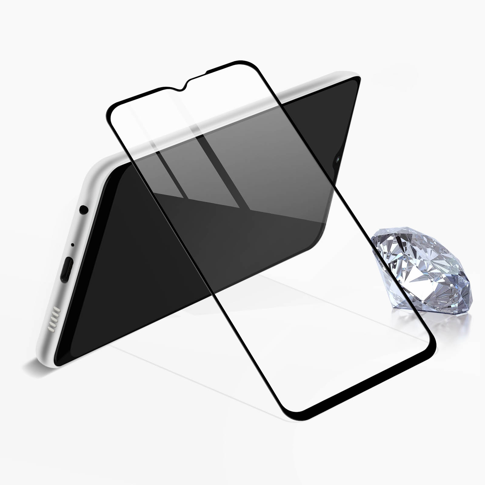 Un téléphone avec un protecteur d'écran et un diamant sur fond blanc.