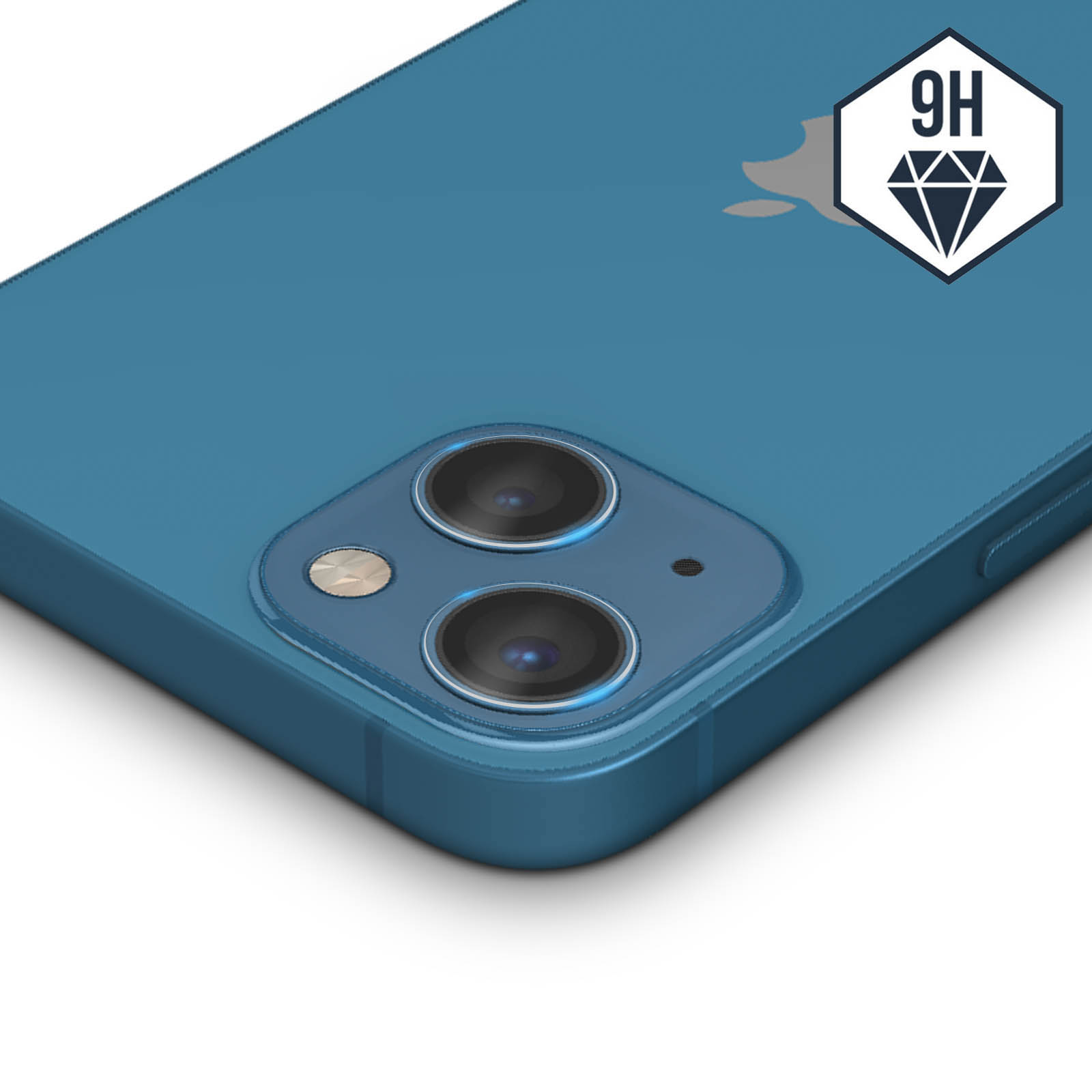 A blue phone with a case. The back of the phone is blue, and a 9H diamond symbol is in the corner.