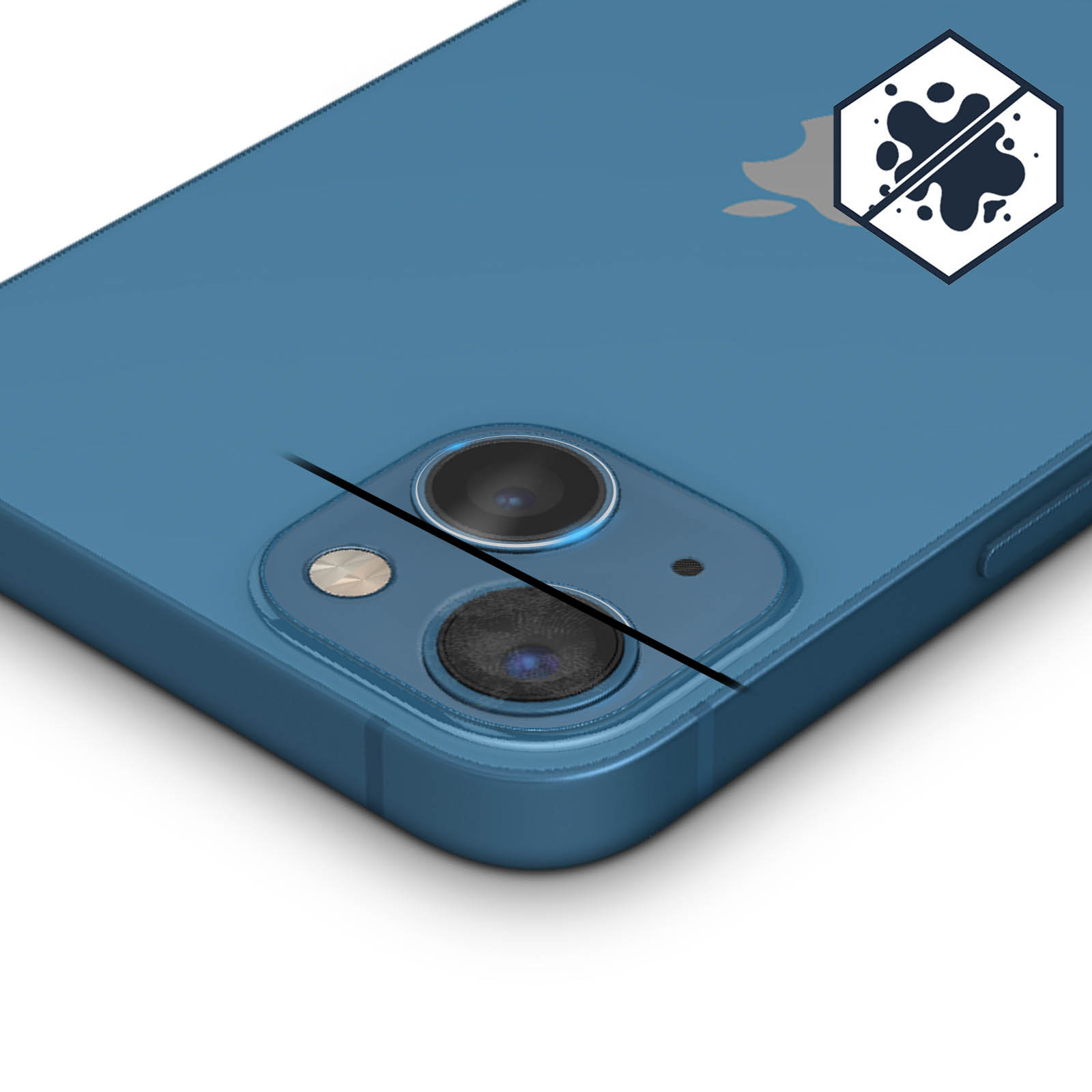Blue phone with camera lenses. A logo and a graphic are placed on the back.
