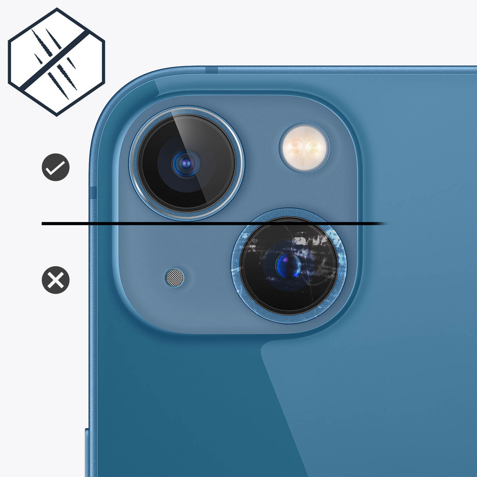 Phone with blue back, camera lenses in focus. Scratches not allowed.