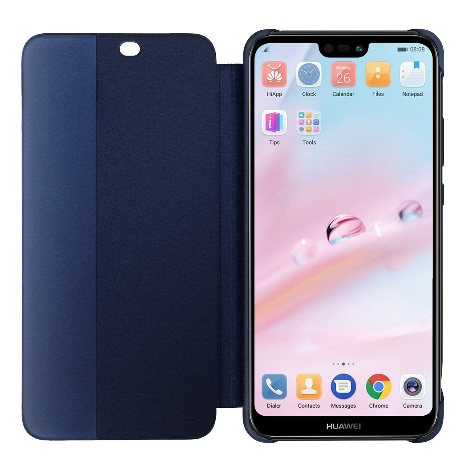 Telefono e custodia aperti. Lo schermo del telefono è acceso, la custodia è blu navy.