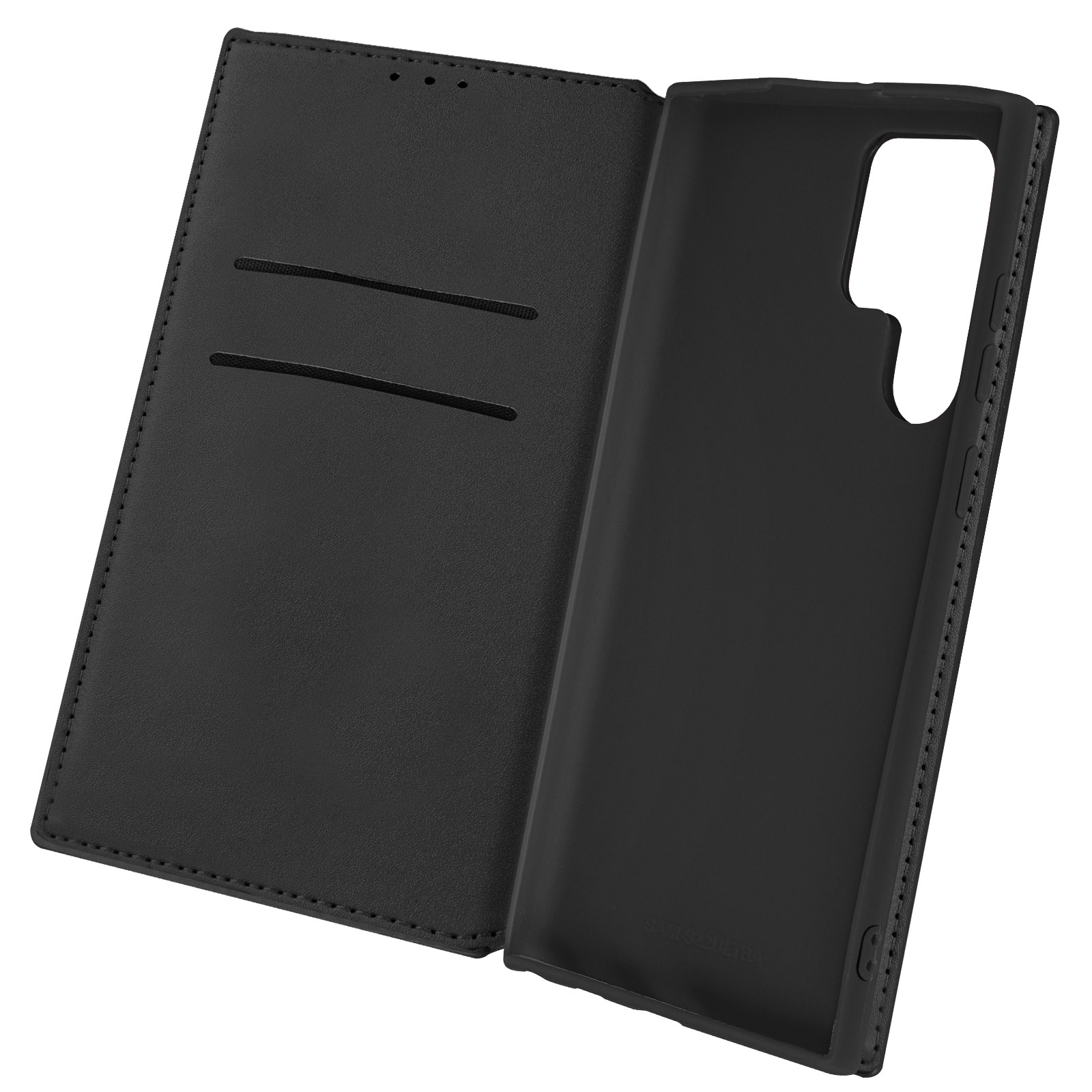Étui de téléphone noir ouvert, montrant l'intérieur et les fentes pour cartes.