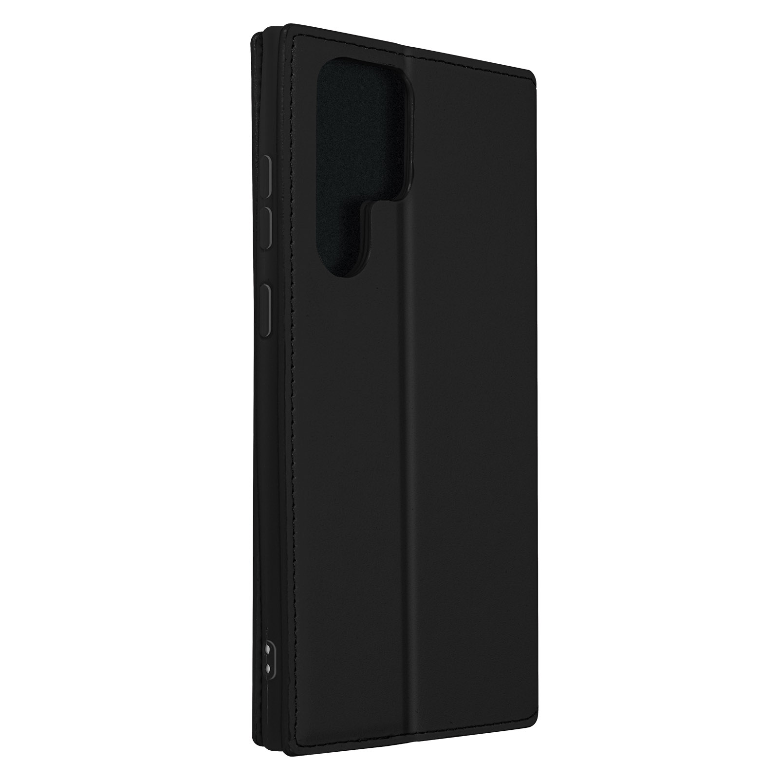 Coque de téléphone noire en position fermée. Elle a une surface lisse.