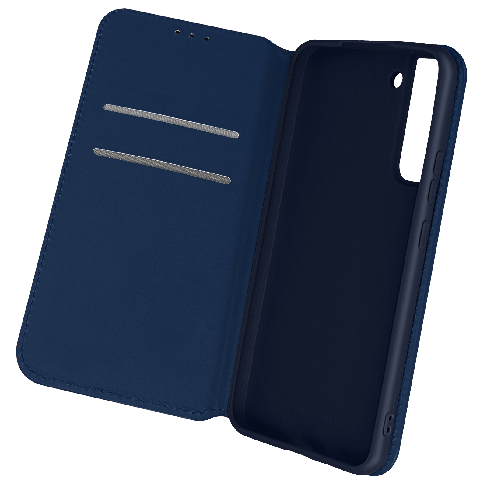 Un étui de téléphone bleu marine est montré ouvert, révélant l'intérieur.
