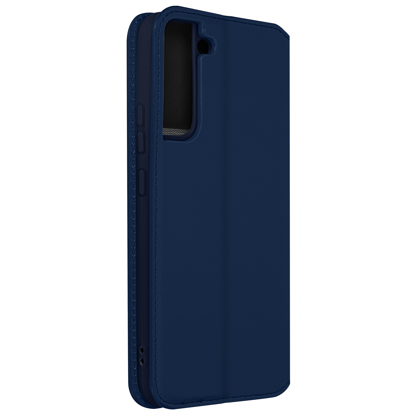 Een telefoonhoesje is gesloten. De telefoonhoes is marineblauw.