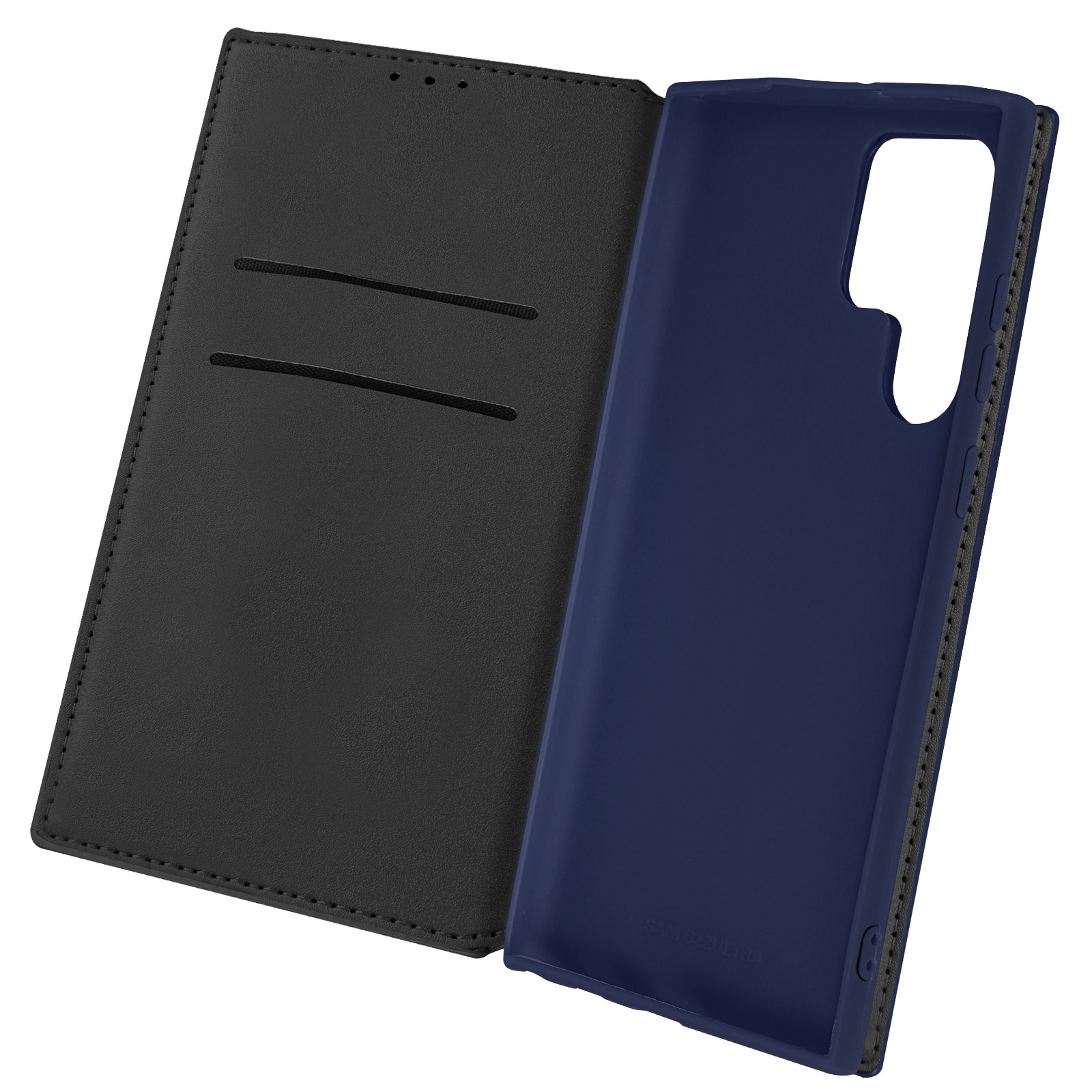 Étui de téléphone ouvert, extérieur en cuir noir, intérieur bleu, ouvert. Fond blanc.