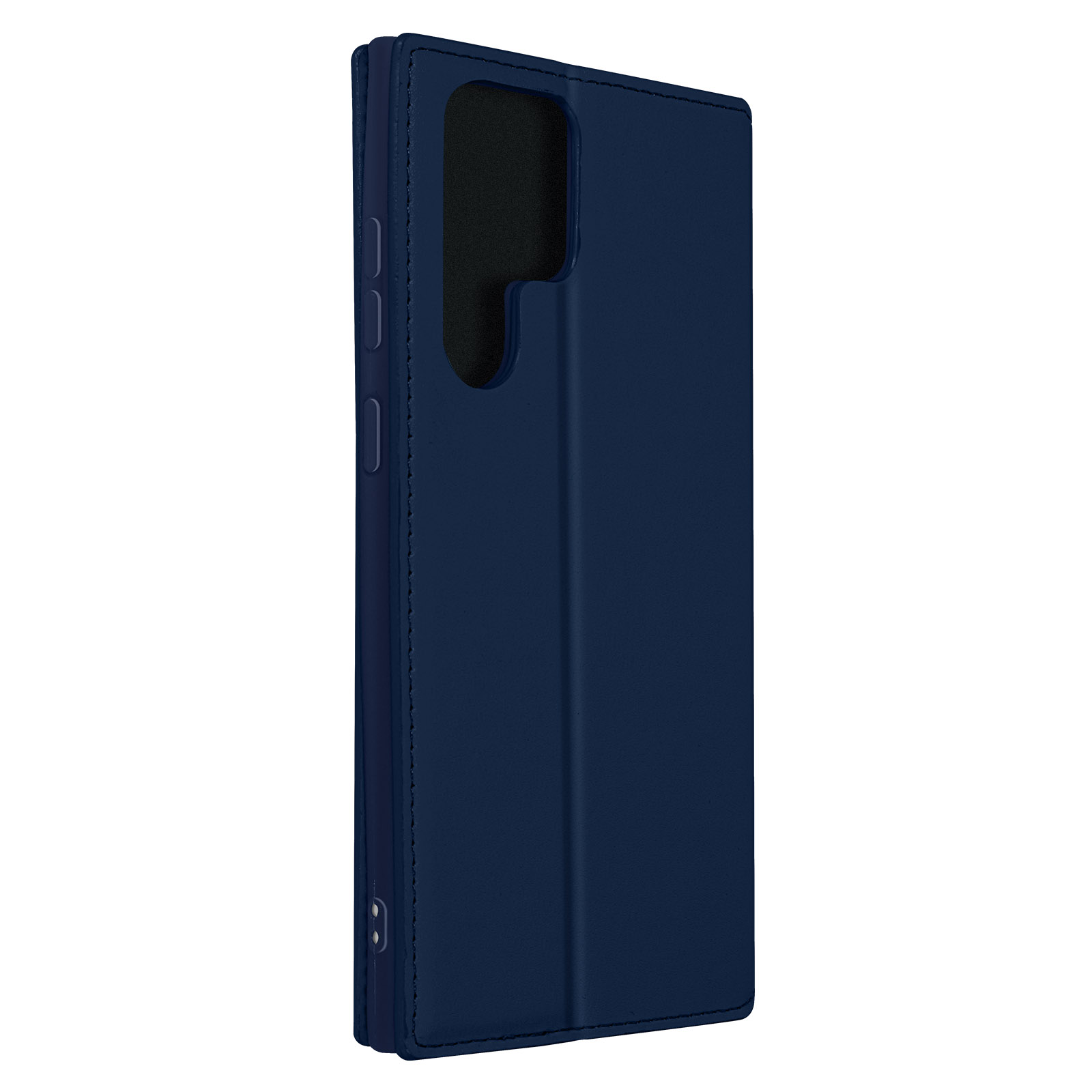 Étui de téléphone bleu foncé, fermé, avec une forme de téléphone et des boutons latéraux.