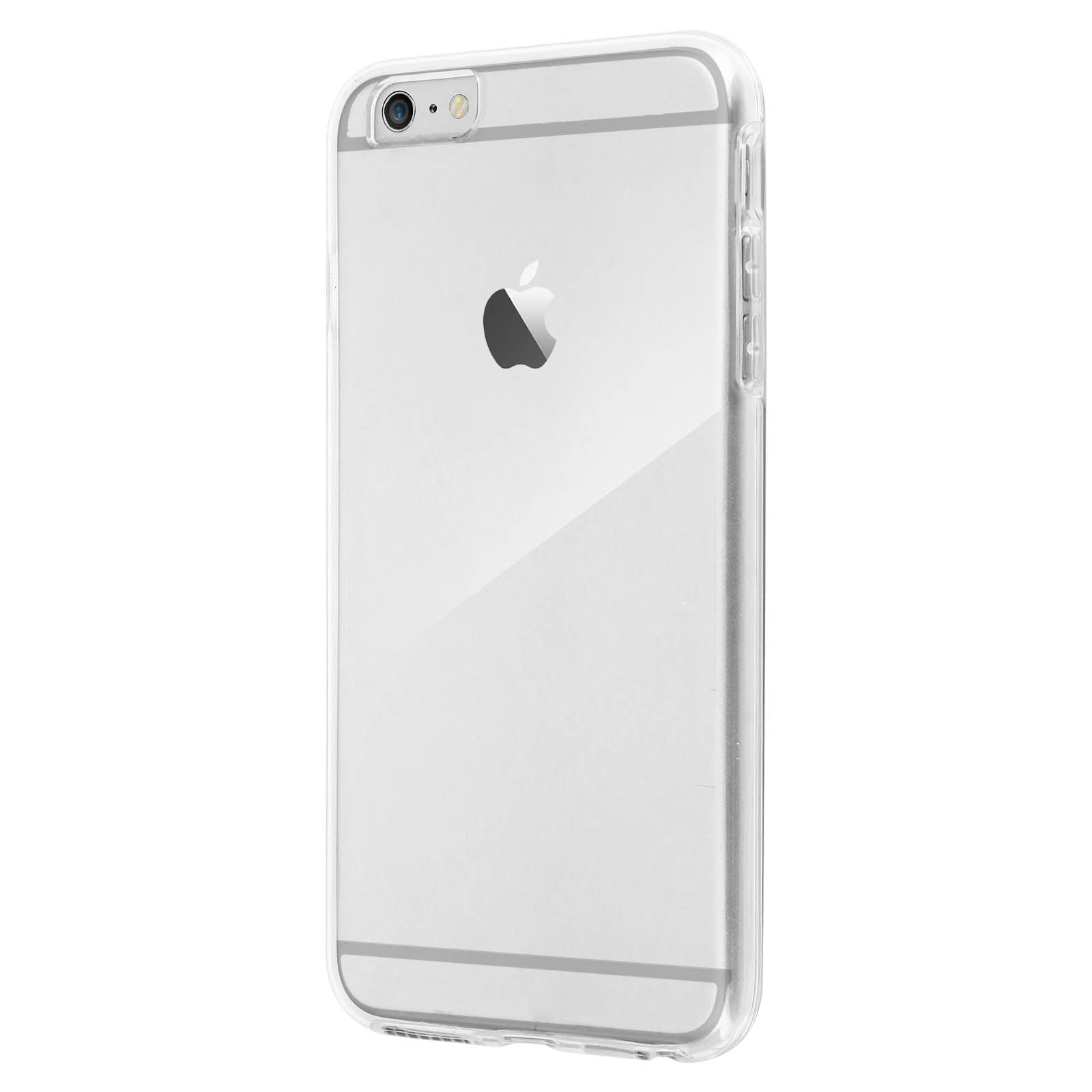 Transparente Handyhülle auf einem weißen iPhone. Das Apple-Logo ist auf der Rückseite des Telefons sichtbar.