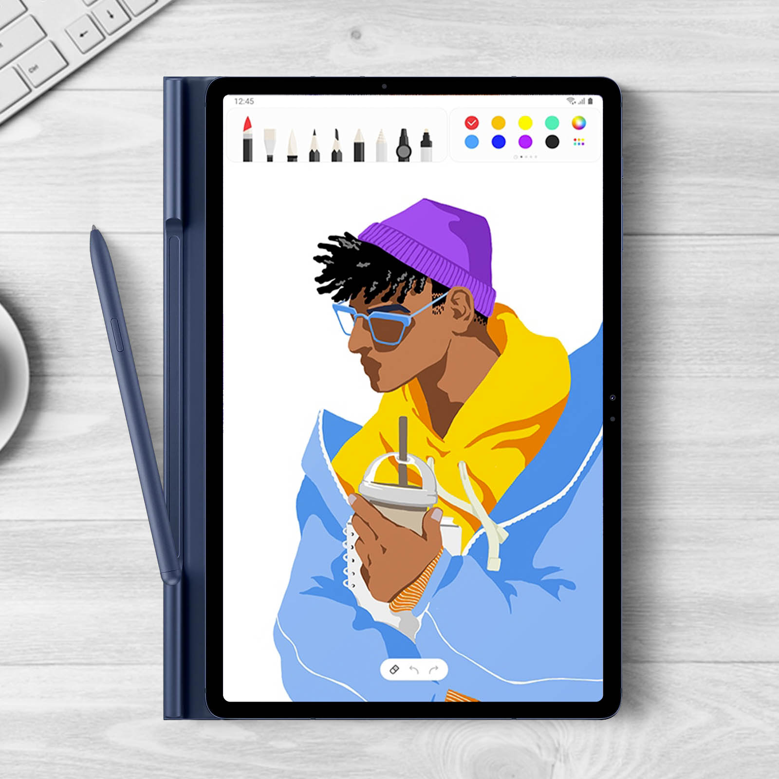 Un tablet con uno stilo su un tavolo di legno. Il tablet mostra un disegno. Una persona è illustrata sullo schermo.