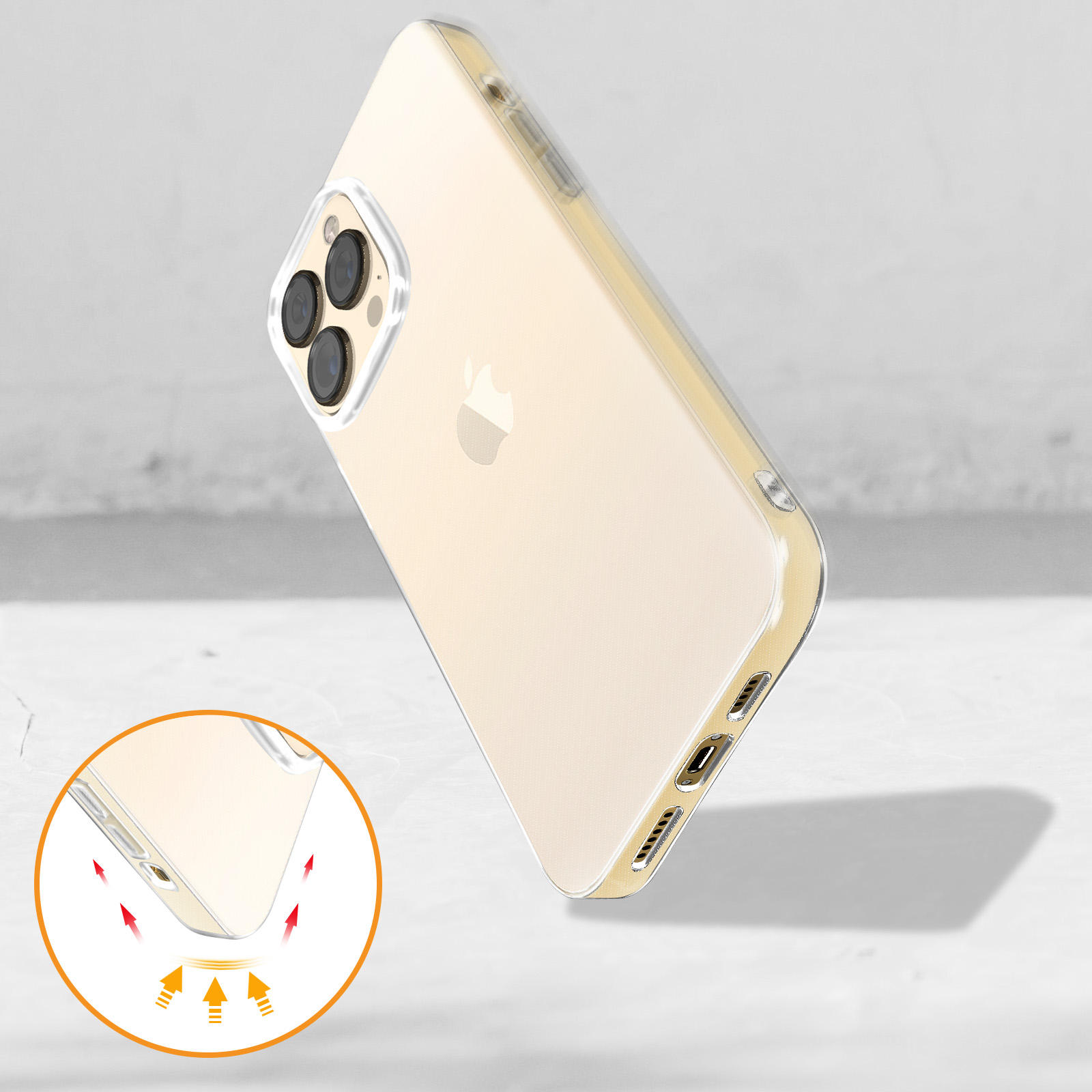 Transparante telefoonhoes met pijlen die impactabsorptie aangeven op een witte achtergrond.
