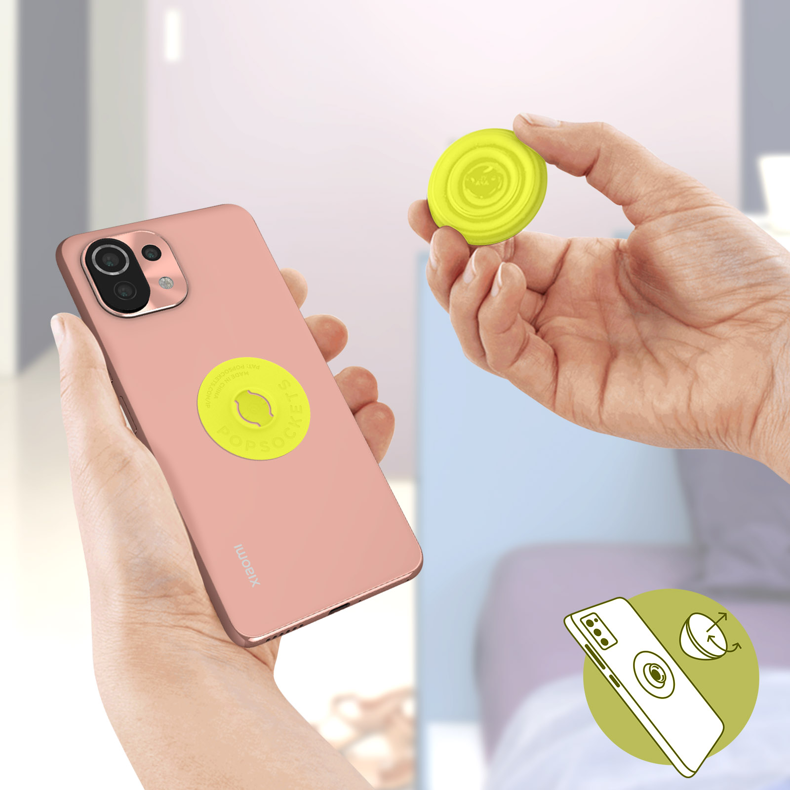 Ein rosa Telefon mit einem gelben PopSocket wird gehalten. Ein zweites Telefon zeigt ein Diagramm der PopSocket-Funktion.