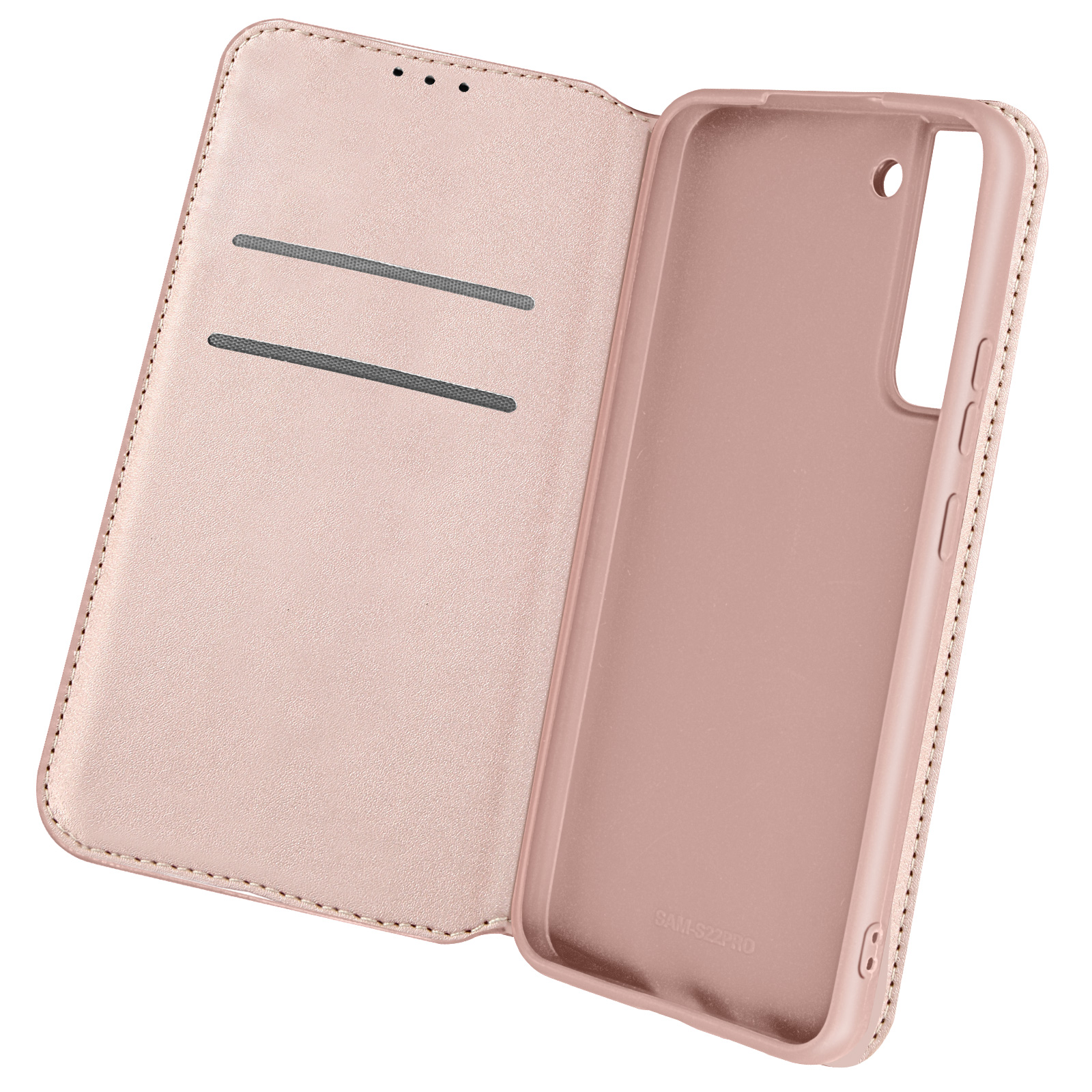 Coque de téléphone rose ouverte. Le téléphone n'est pas dedans. L'intérieur est rose clair.