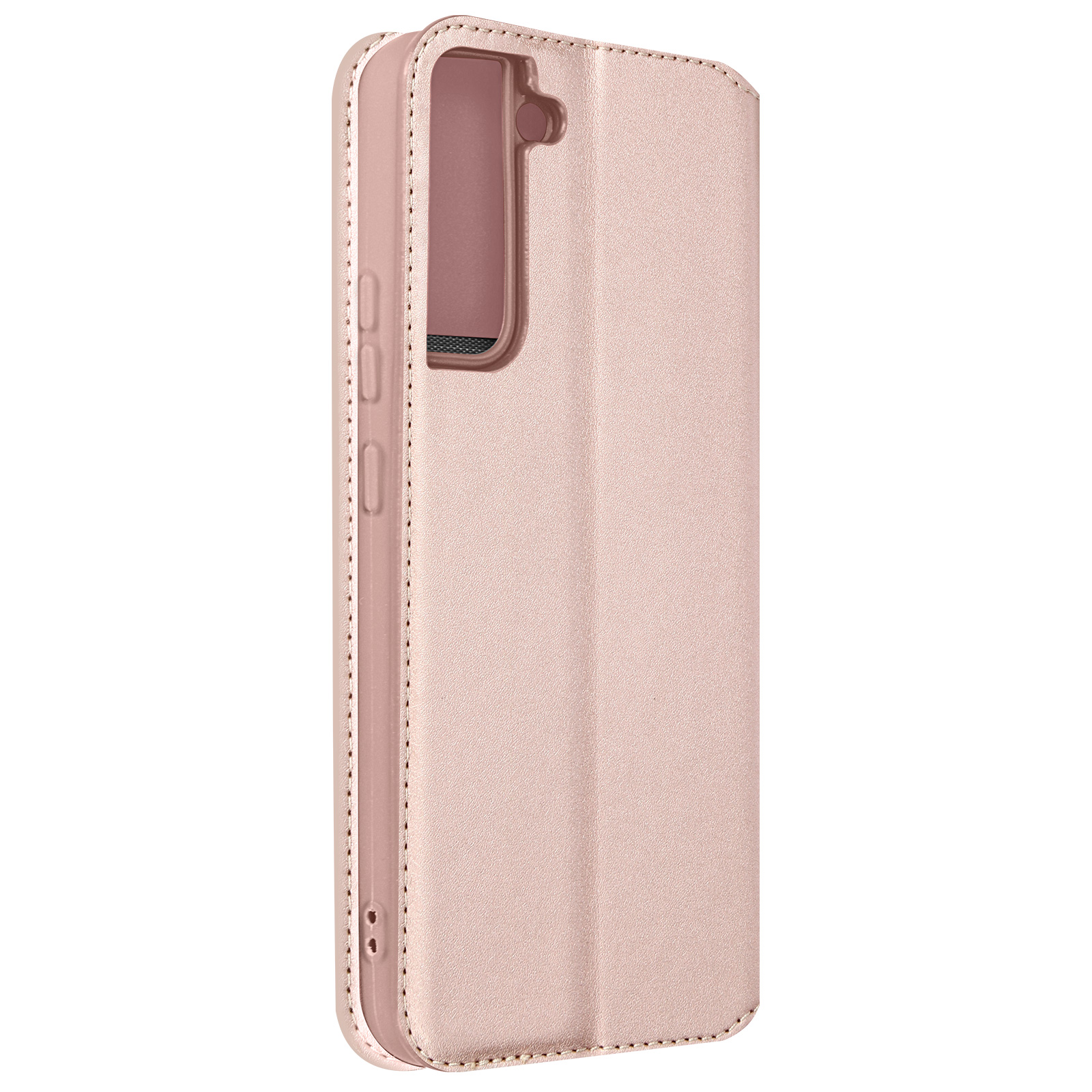 Un étui de téléphone rose, ouvert, avec le côté du téléphone visible. L'étui est sur une table.