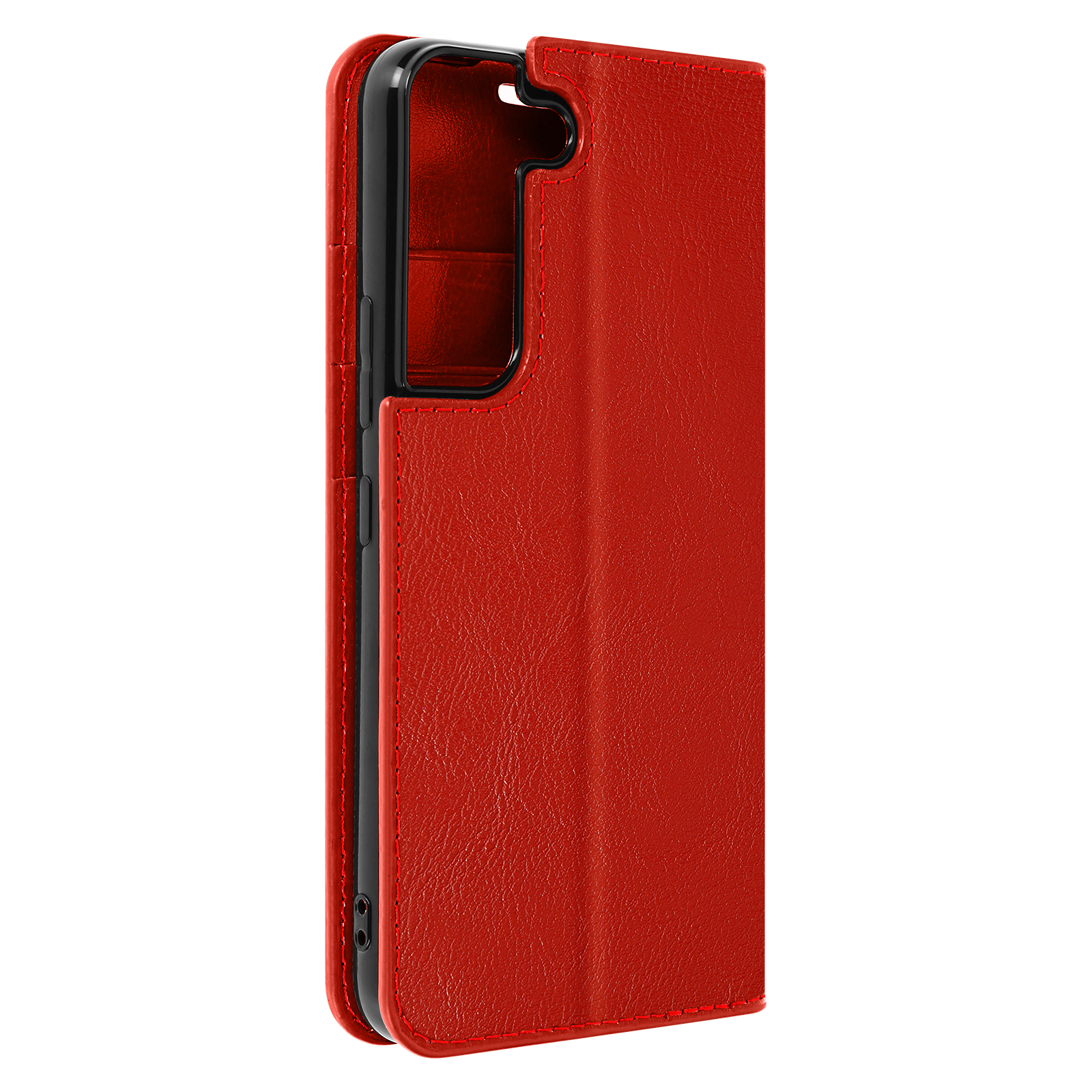 Custodia per telefono in pelle rossa aperta, che mostra il telefono nero all'interno. Sfondo bianco.