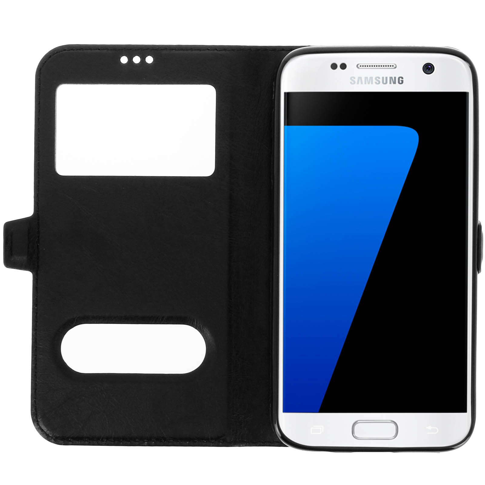 Custodia nera per telefono, con un telefono Samsung bianco all'interno. Schermo visibile, che mostra blu.