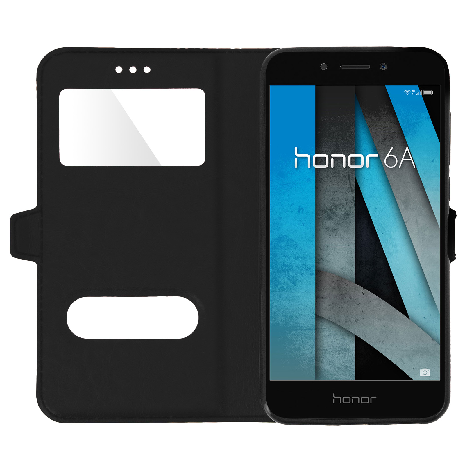 Telefono nero con schermo che mostra 'honor 6A' all'interno di una custodia nera aperta.