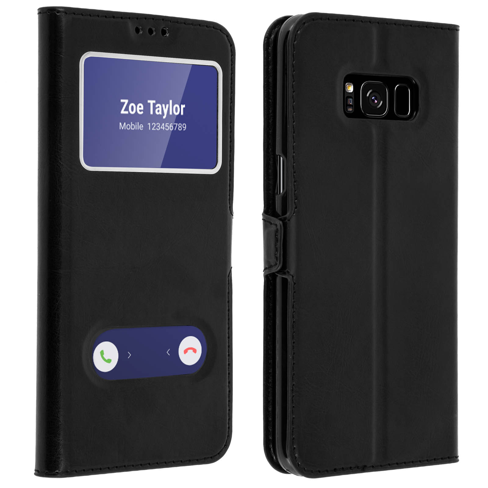 Funda de teléfono negra mostrando un nombre de contacto y un botón de llamada. La funda está abierta.