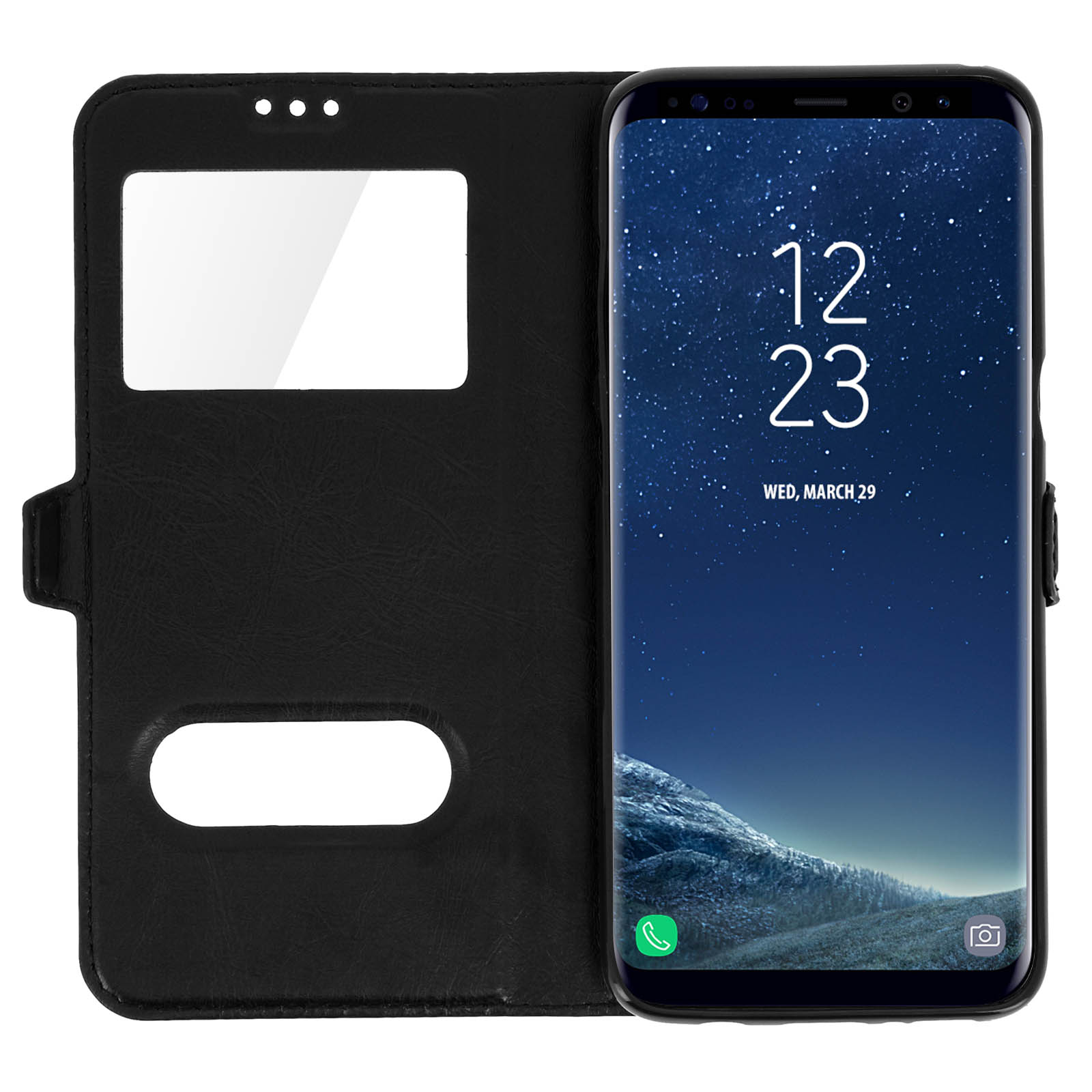 Funda negra con teléfono mostrando un reloj en un fondo estrellado.