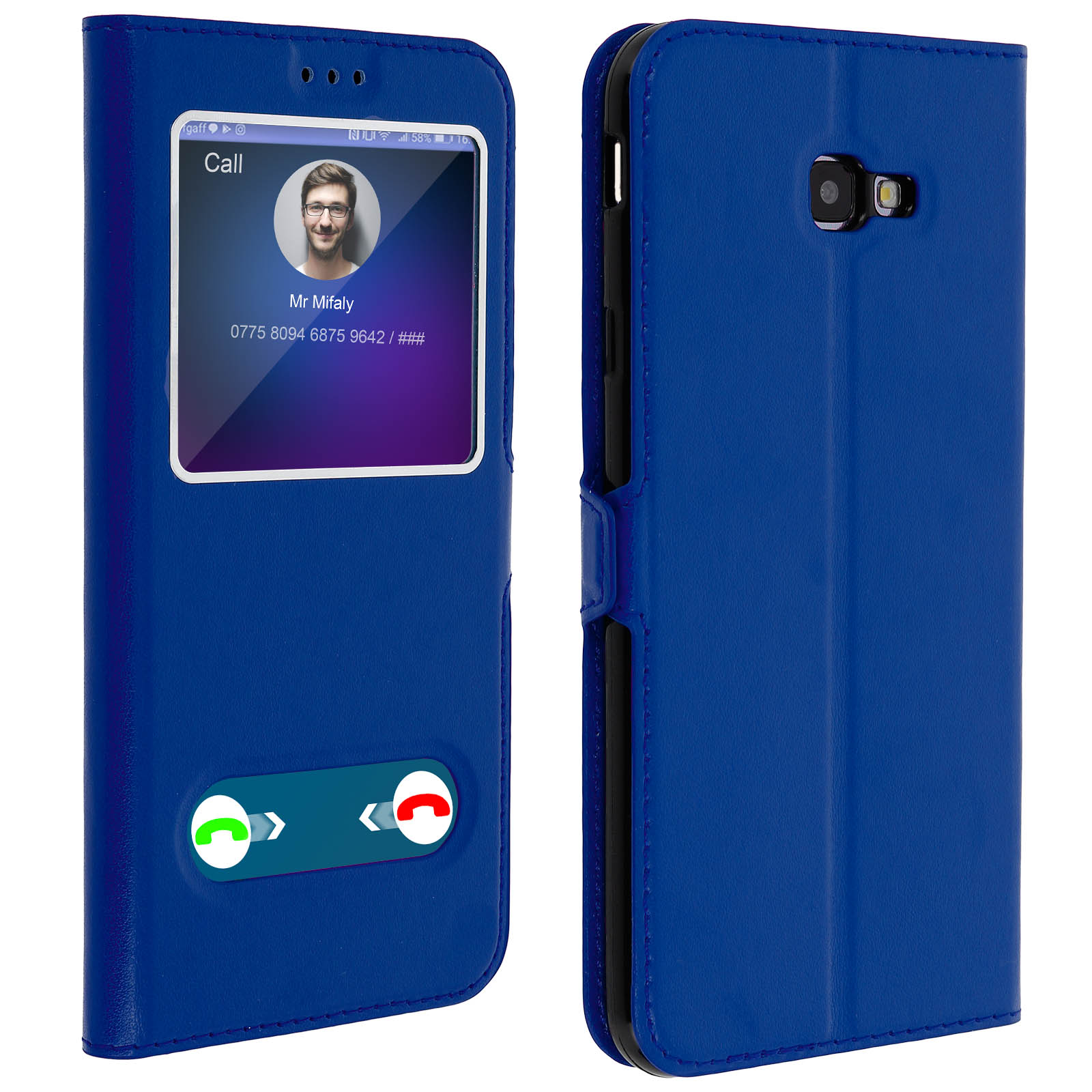 Custodia blu per telefono con schermo che mostra una chiamata in arrivo. Sono visibili due lati.