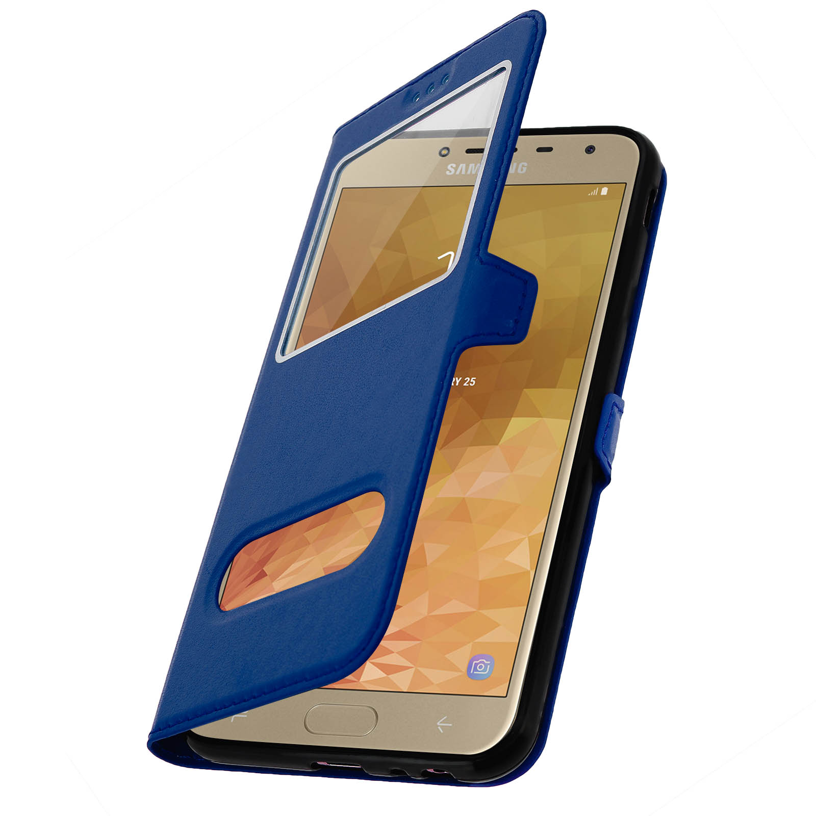 Custodia blu per telefono con finestra trasparente. Lo schermo del telefono è visibile.