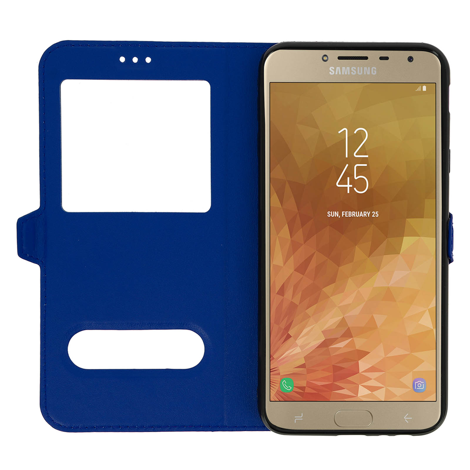 Una custodia a libro blu contiene un telefono Samsung dorato che mostra l'ora e la data.