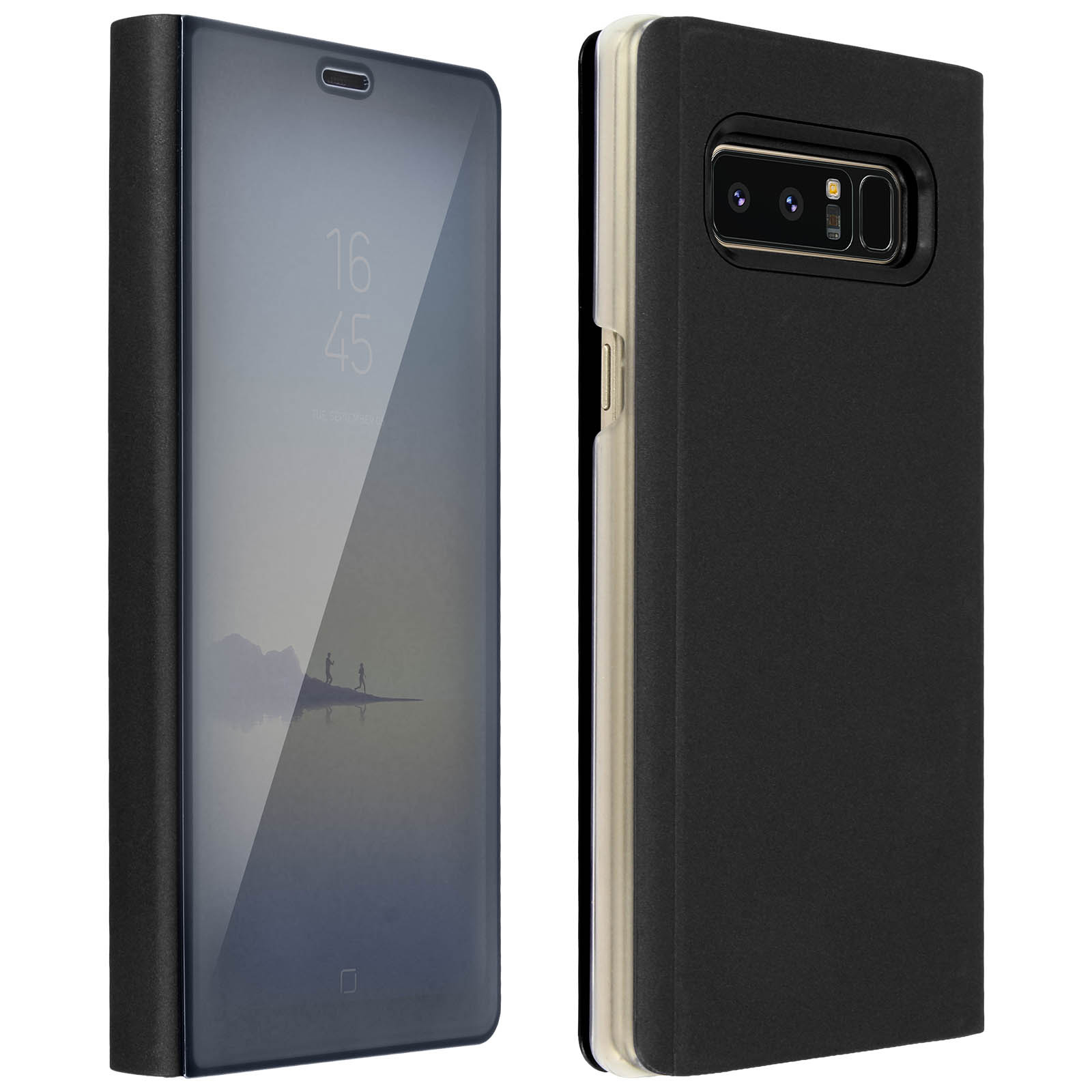 Custodia per telefono nera, aperta, con telefono all'interno. La custodia ha una cover frontale a specchio.