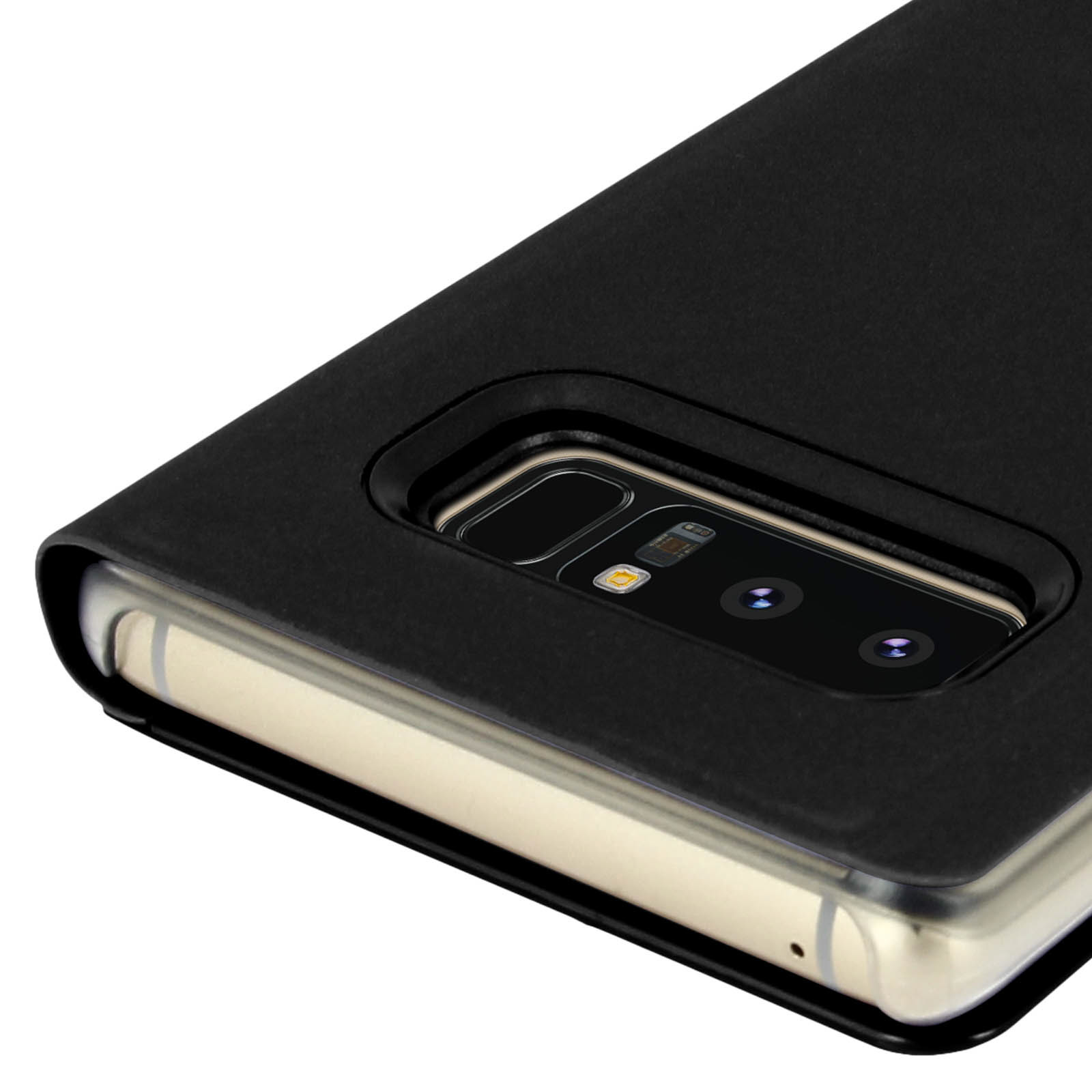 Primo piano di una custodia per telefono nera con configurazione fotocamera a doppia lente.