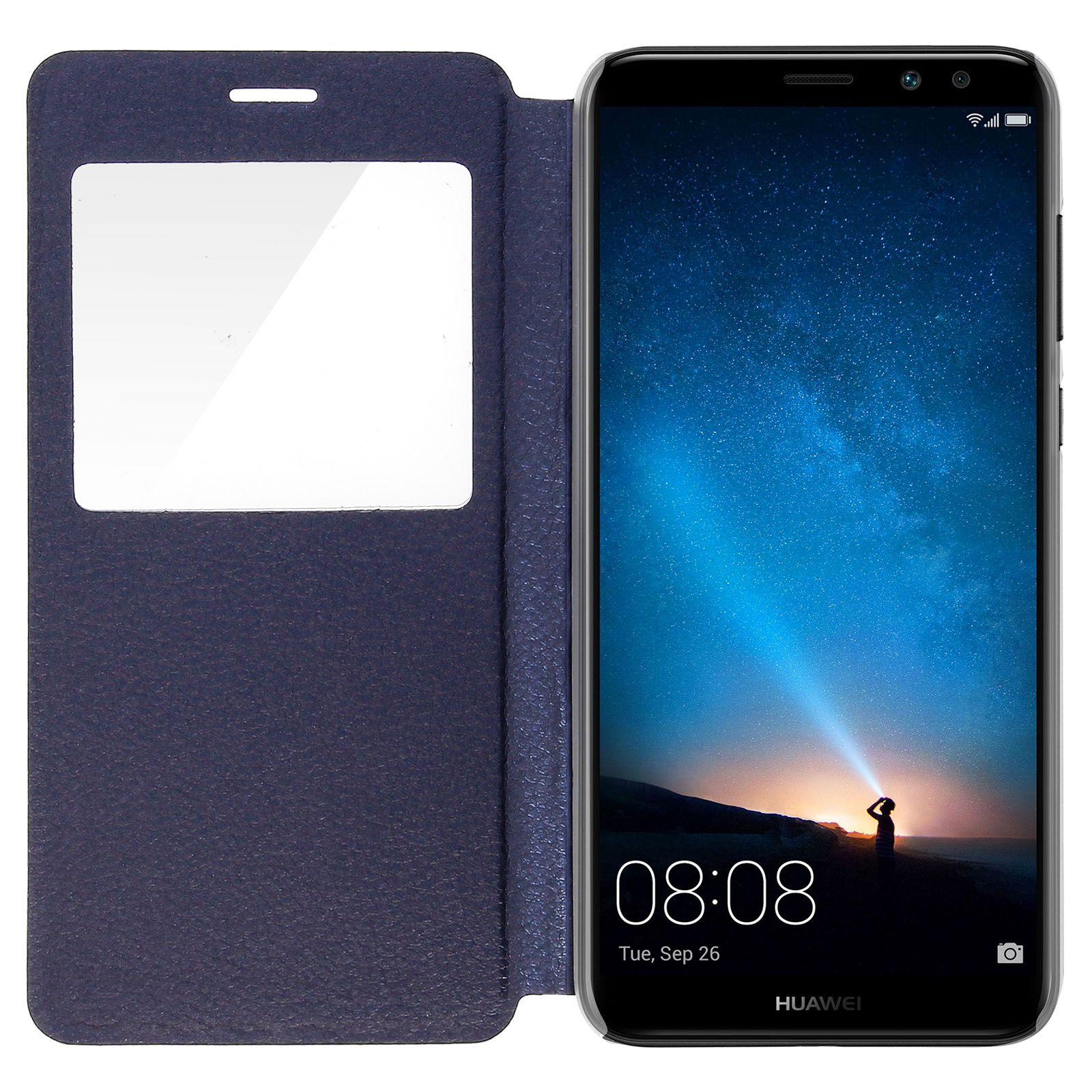 Una custodia per telefono blu navy con una finestra, il telefono mostra una schermata iniziale. L'ora è 08:08.