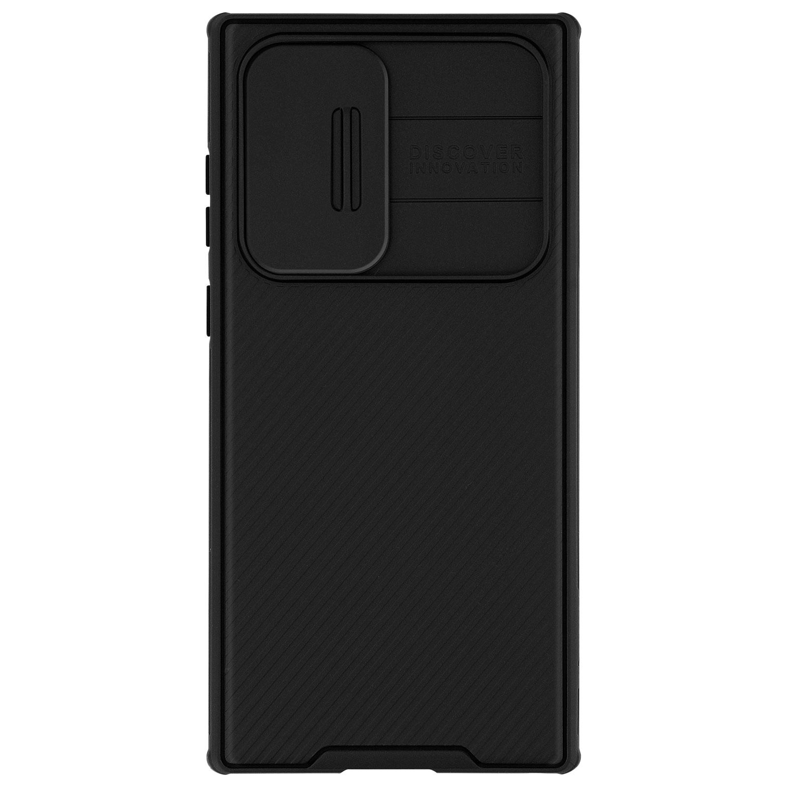 Custodia per telefono nera. Ha una copertura scorrevole per la fotocamera con le parole "DISCOVER INNOVATION".