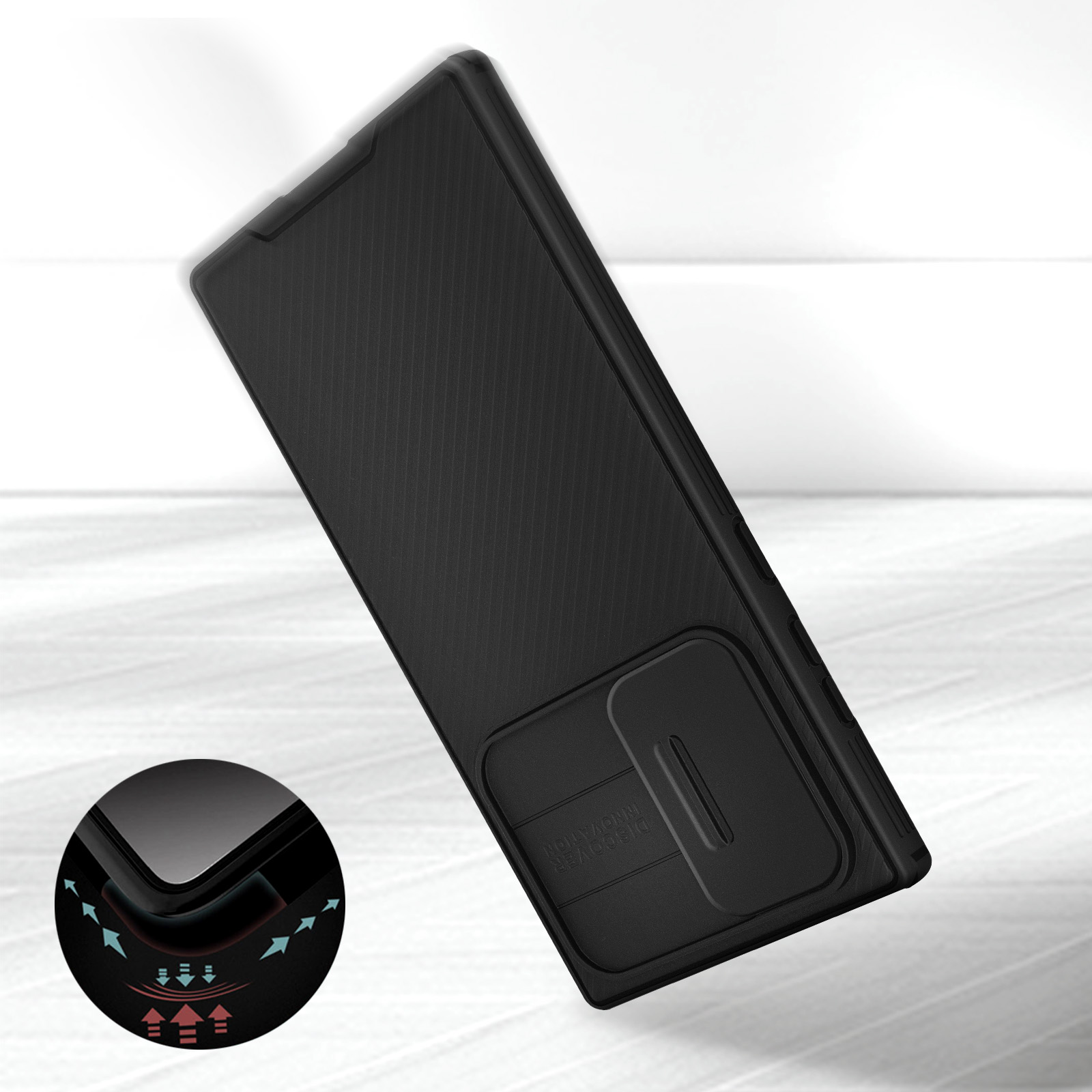 Custodia per telefono nera con copertura scorrevole per fotocamera. Le frecce indicano le caratteristiche di assorbimento degli urti.