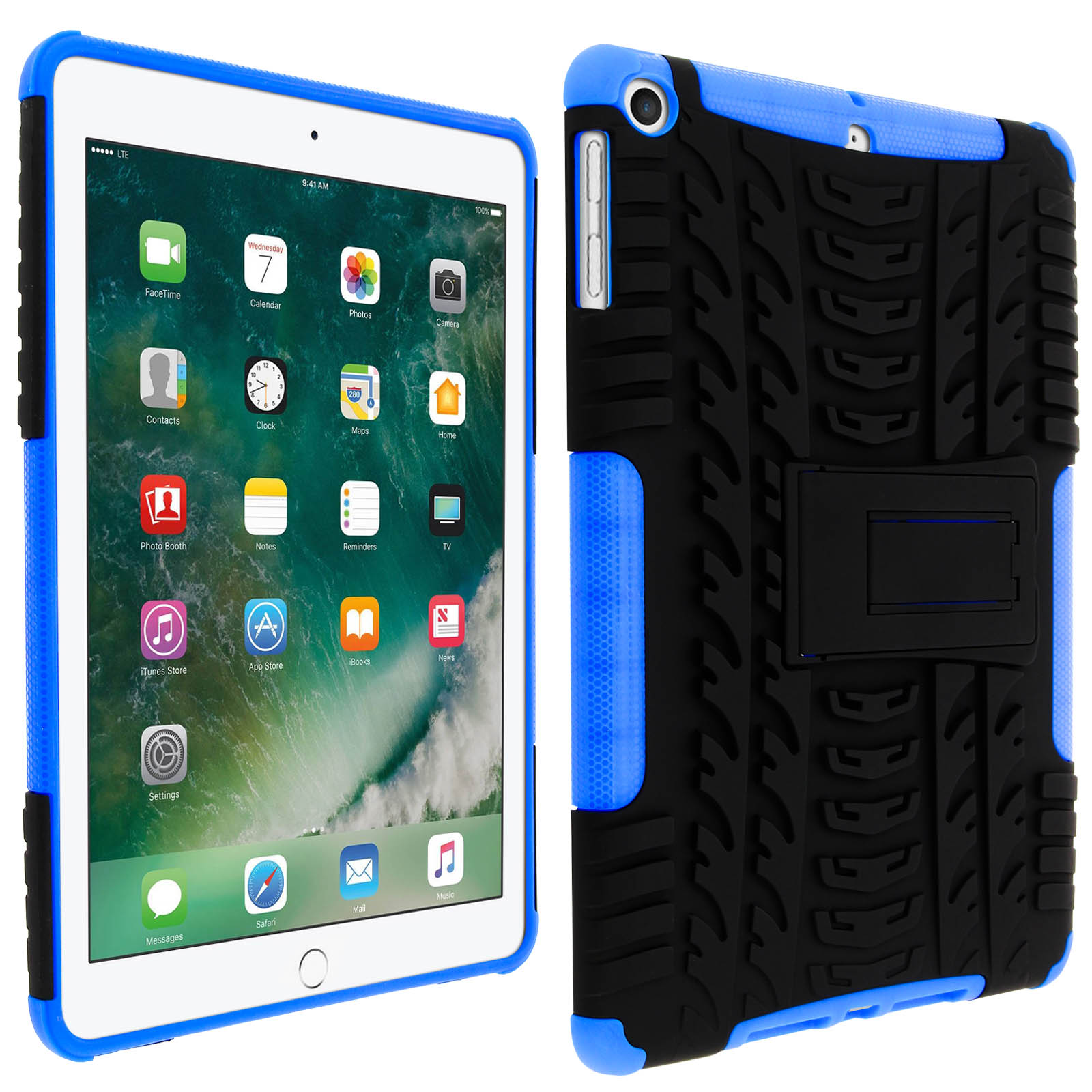 Weißes Tablet in einem blau-schwarzen Case. Das Case hat einen Ständer und einen Displayschutz.