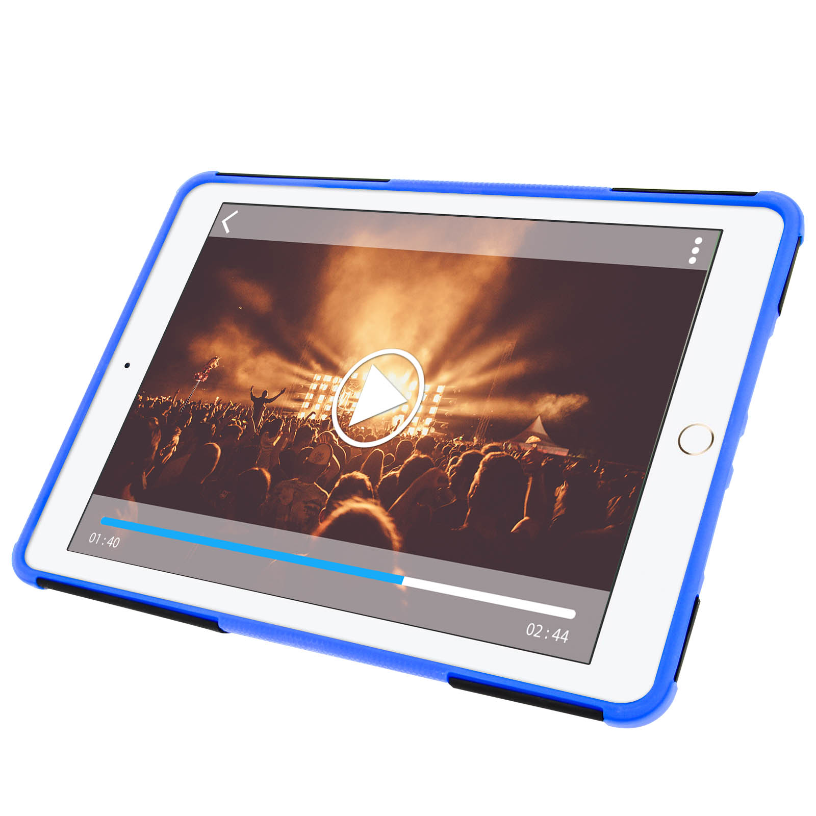 Tablet in blauem Gehäuse mit Video einer Menschenmenge bei einem Konzert.