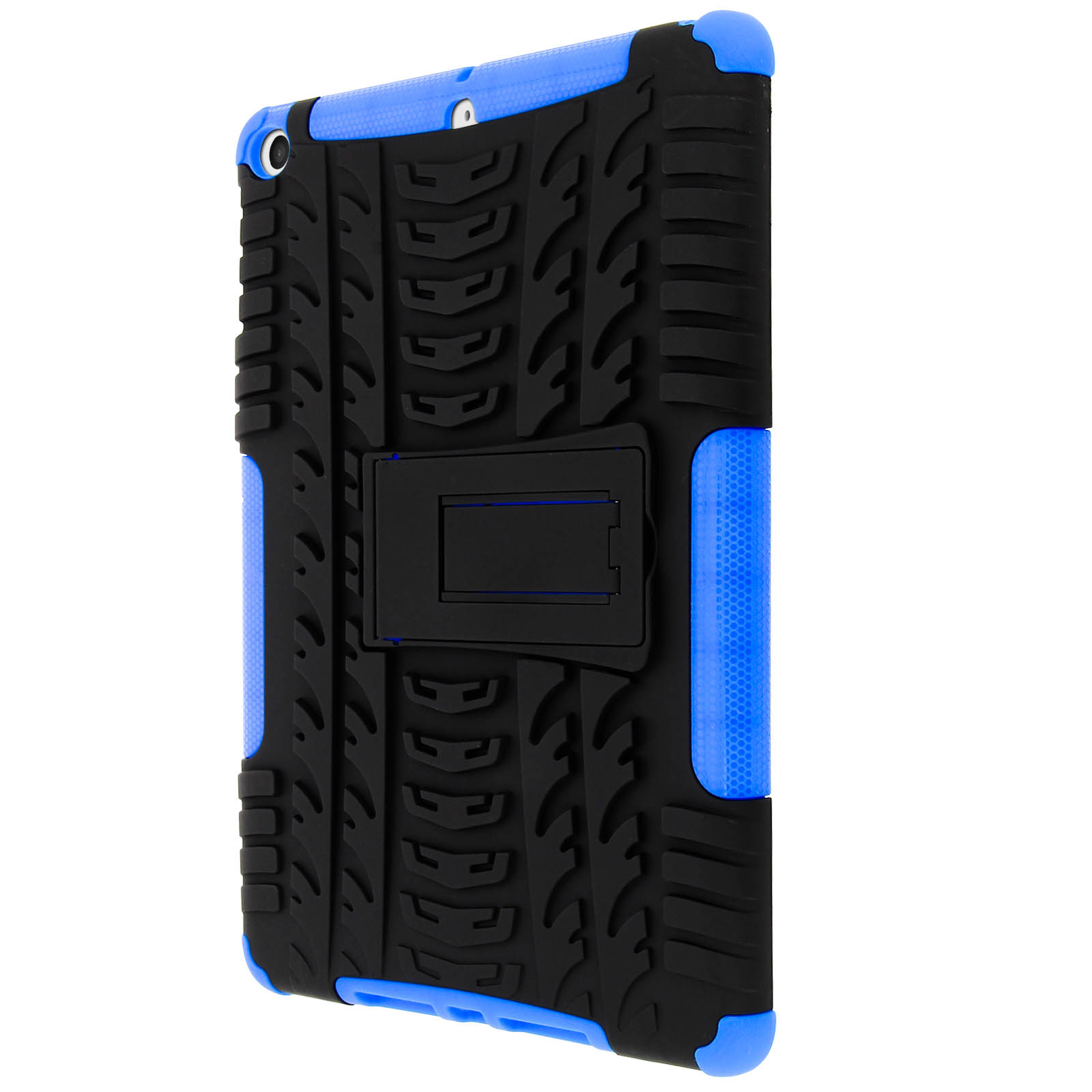 Blaue und schwarze Tablet-Hülle. Schwarzes Innenfutter. Ständer auf der Rückseite. Reifenprofil-Design. Schützendes, robustes Aussehen.