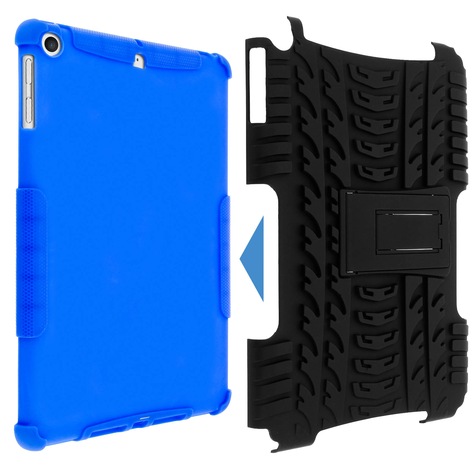 Blaues Tablet in blau-schwarzer Hülle. Hülle hat Ständer auf der Rückseite. Blauer Pfeil an der Seite.